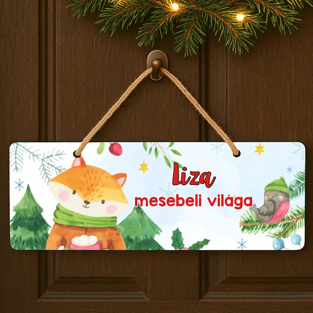 Karácsonyi rókás dísztábla - egyedi névvel gyerekeknek