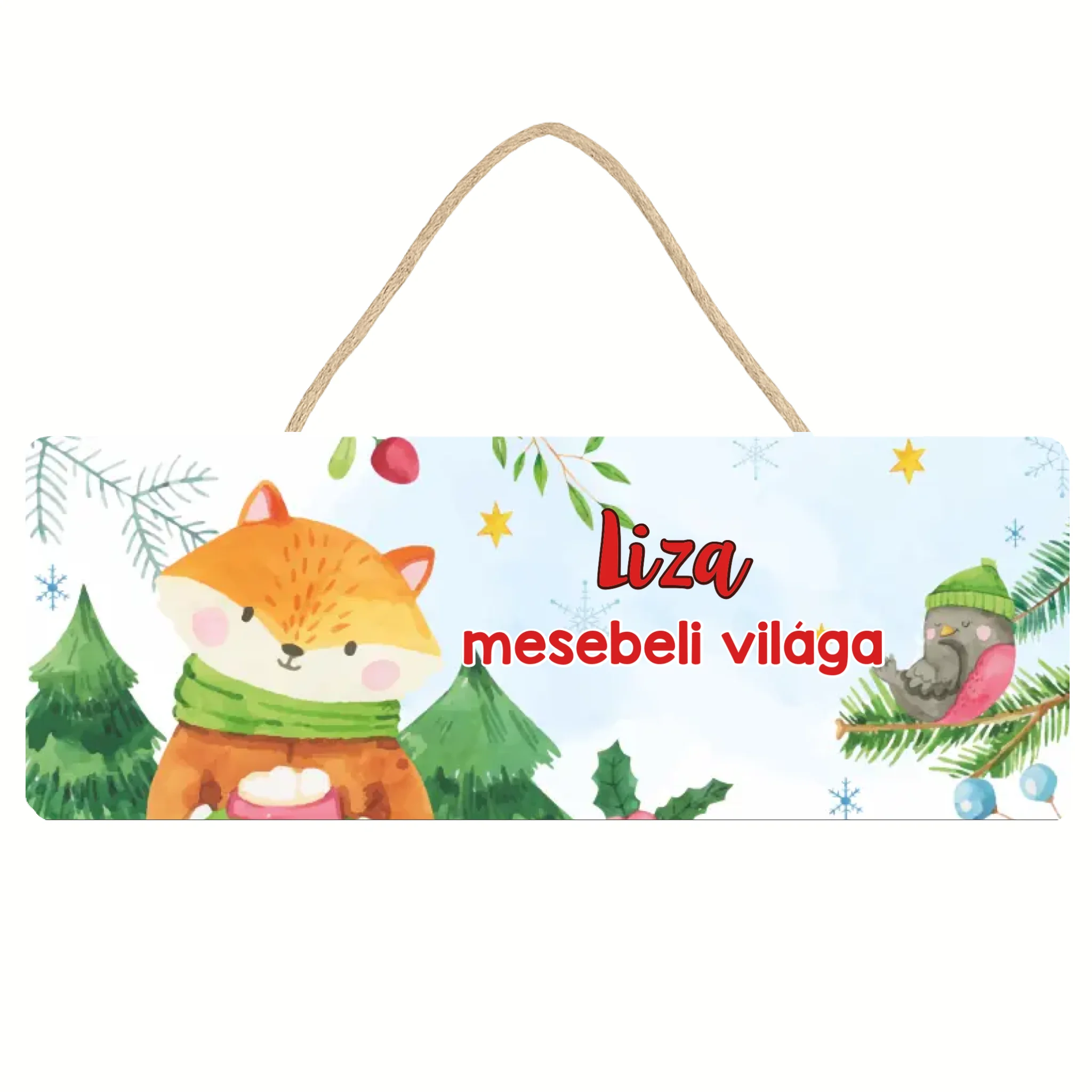 Karácsonyi rókás dísztábla - egyedi névvel gyerekeknek