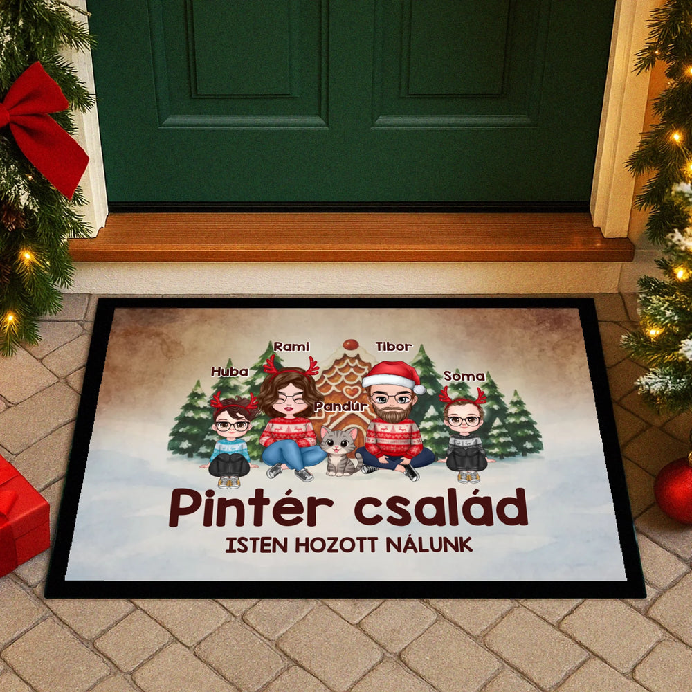 Egyedi karakteres családi karácsonyi lábtörlő 1 kisállattal akár 4 gyerekkel