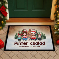 Egyedi karakteres családi karácsonyi lábtörlő 1 kisállattal akár 4 gyerekkel
