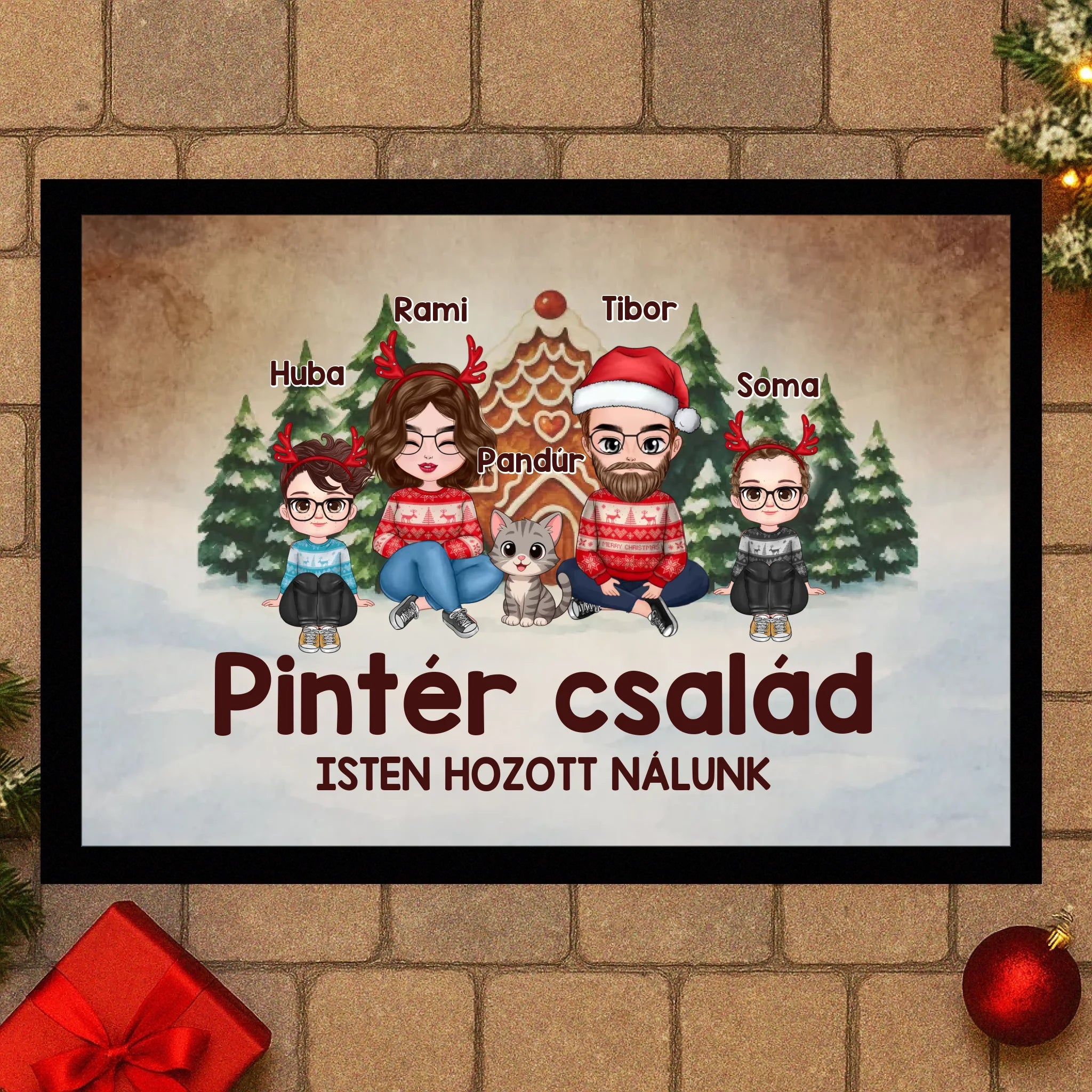 Egyedi karakteres családi karácsonyi lábtörlő 1 kisállattal akár 4 gyerekkel