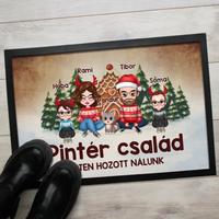 Egyedi karakteres családi karácsonyi lábtörlő 1 kisállattal akár 4 gyerekkel