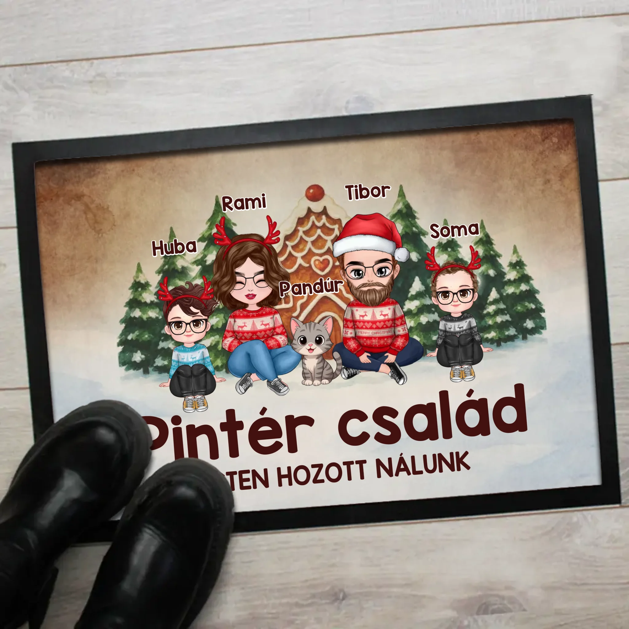 Egyedi karakteres családi karácsonyi lábtörlő 1 kisállattal akár 4 gyerekkel