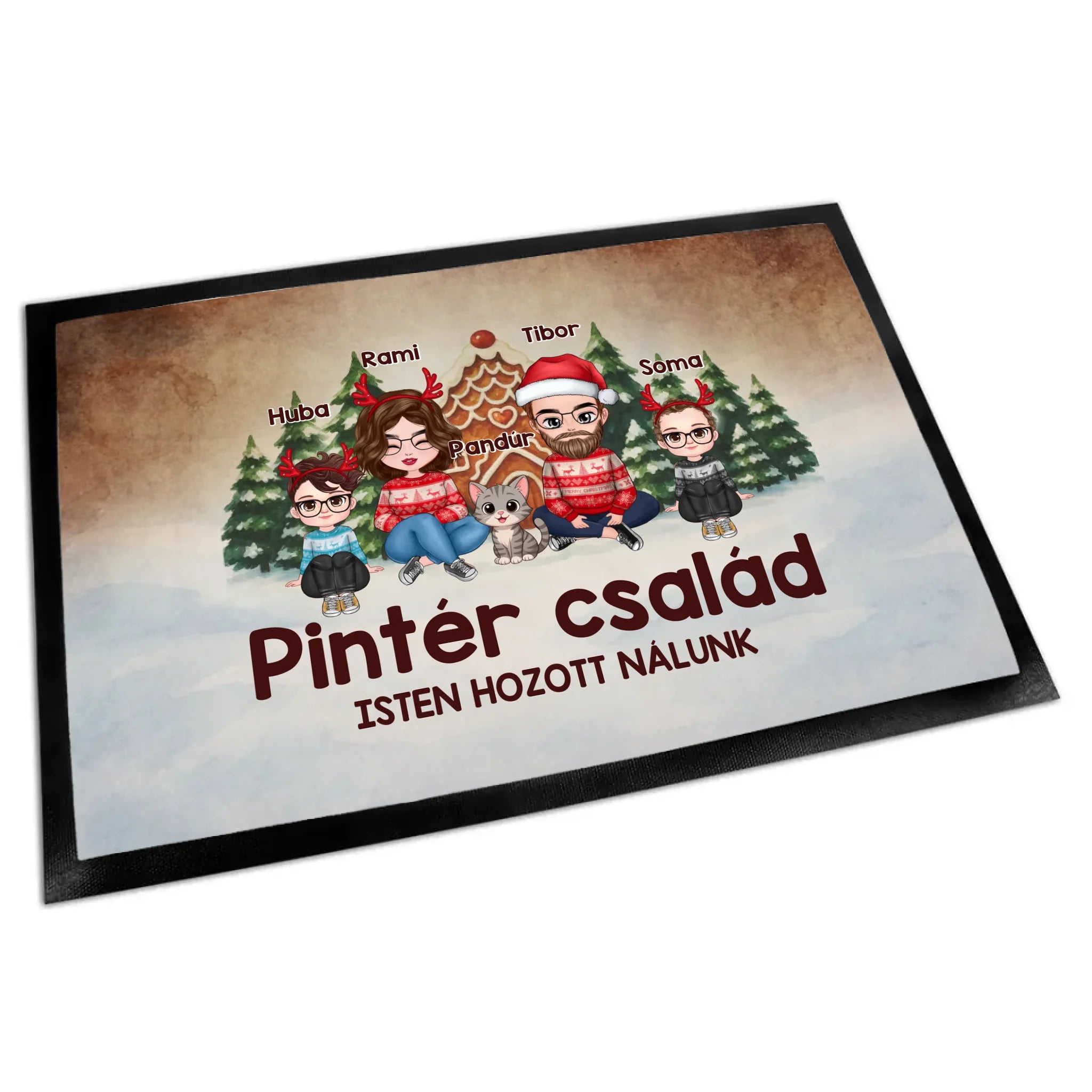 Egyedi karakteres családi karácsonyi lábtörlő 1 kisállattal akár 4 gyerekkel
