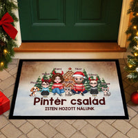 Egyedi karakteres családi karácsonyi lábtörlő 3 kisállattal akár 4 gyerekkel