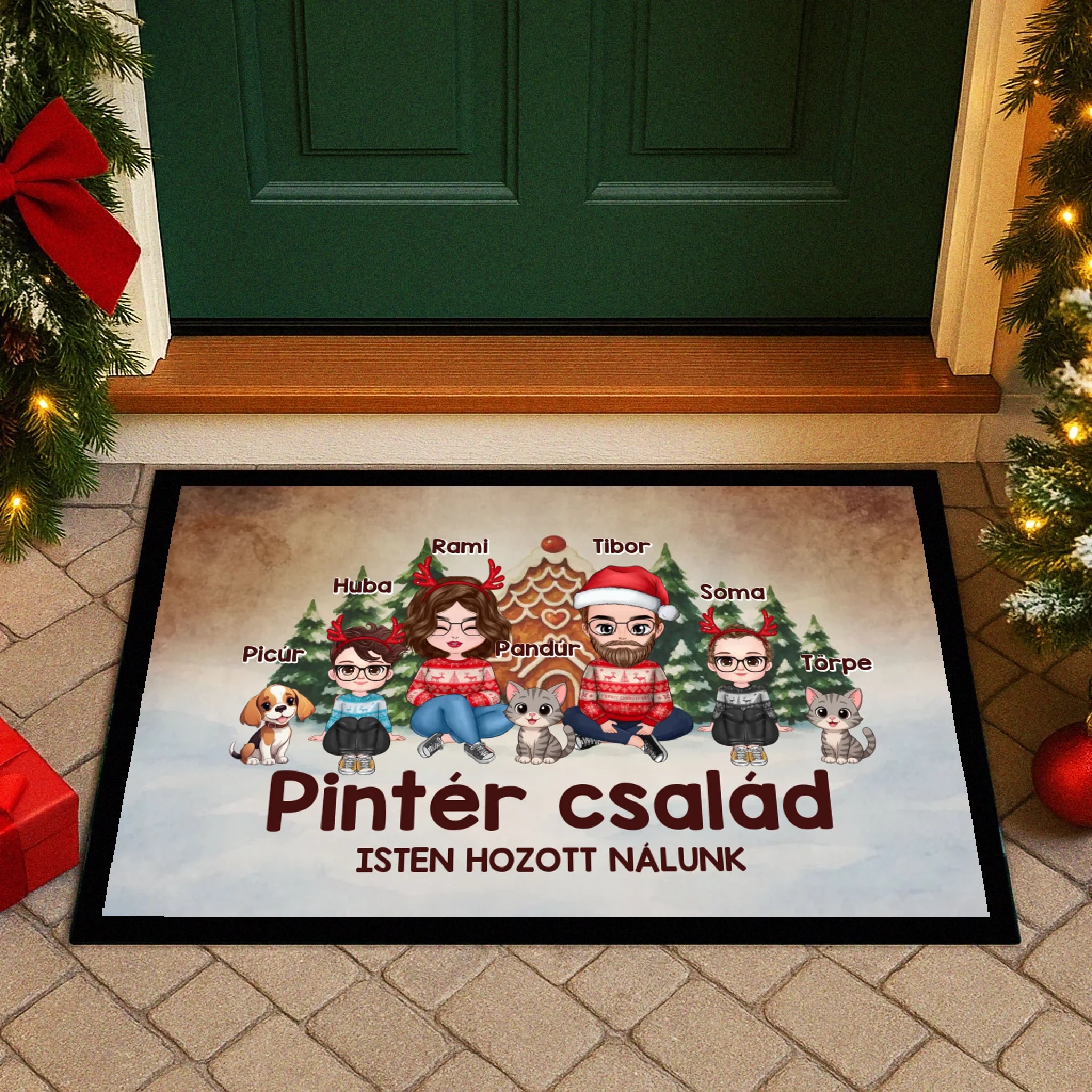 Egyedi karakteres családi karácsonyi lábtörlő 3 kisállattal akár 4 gyerekkel