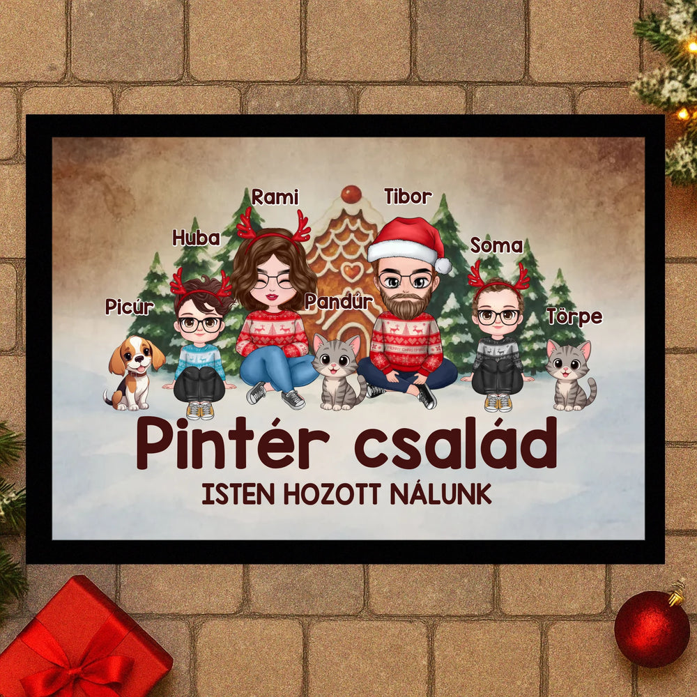 Egyedi karakteres családi karácsonyi lábtörlő 3 kisállattal akár 4 gyerekkel