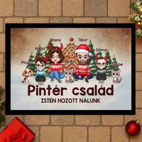 Egyedi karakteres családi karácsonyi lábtörlő 3 kisállattal akár 4 gyerekkel