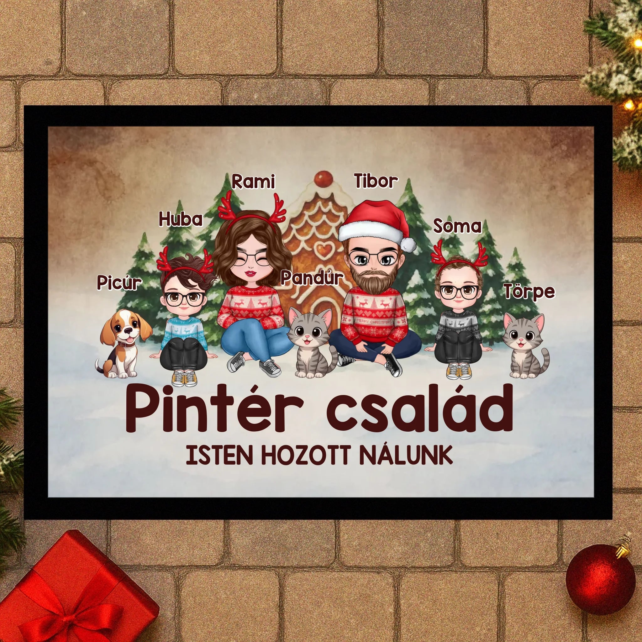 Egyedi karakteres családi karácsonyi lábtörlő 3 kisállattal akár 4 gyerekkel