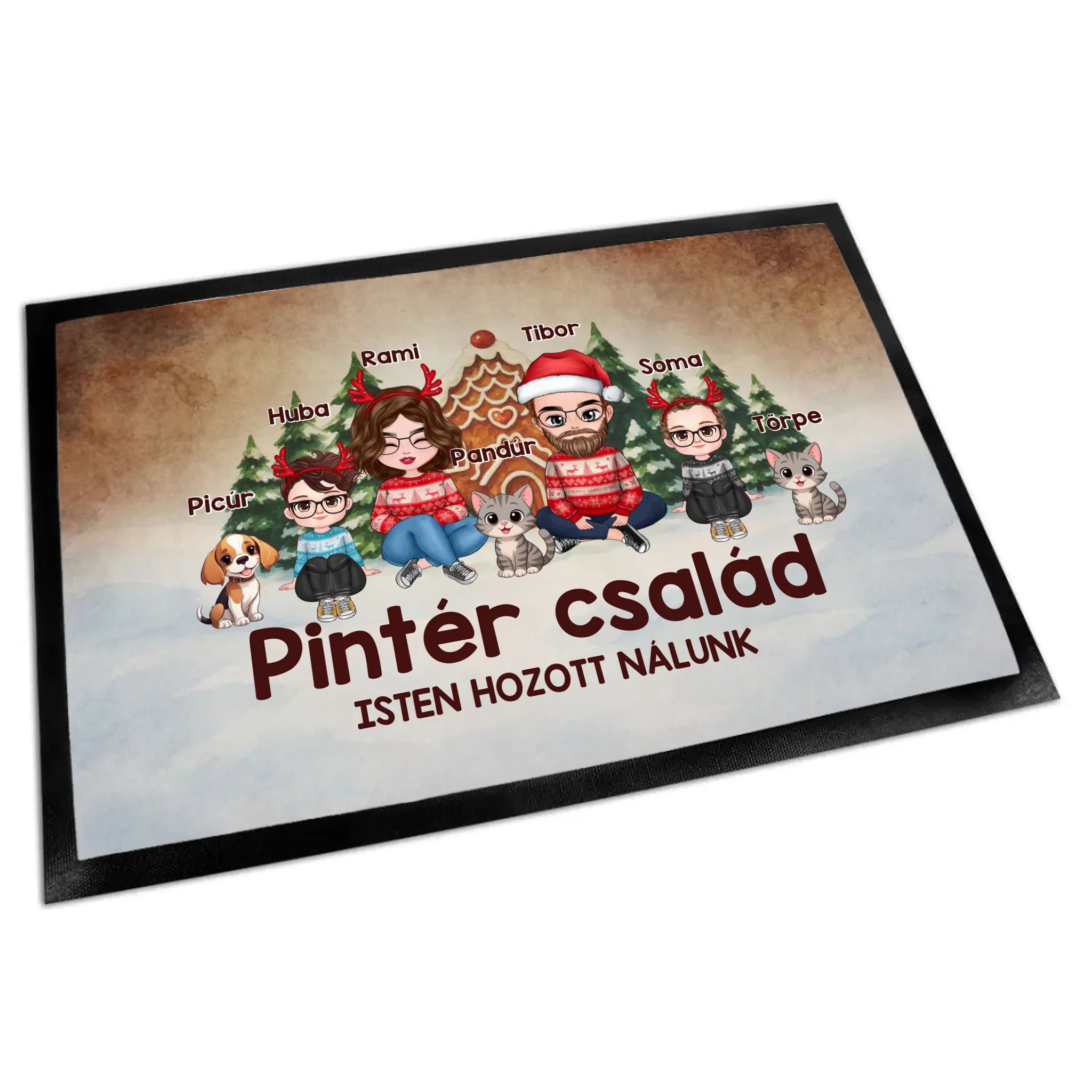 Egyedi karakteres családi karácsonyi lábtörlő 3 kisállattal akár 4 gyerekkel