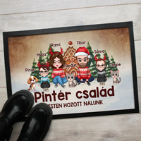 Egyedi karakteres családi karácsonyi lábtörlő 3 kisállattal akár 4 gyerekkel