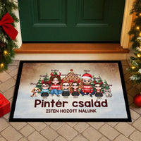 Egyedi karakteres családi karácsonyi lábtörlő 2 kisállattal akár 4 gyerekkel