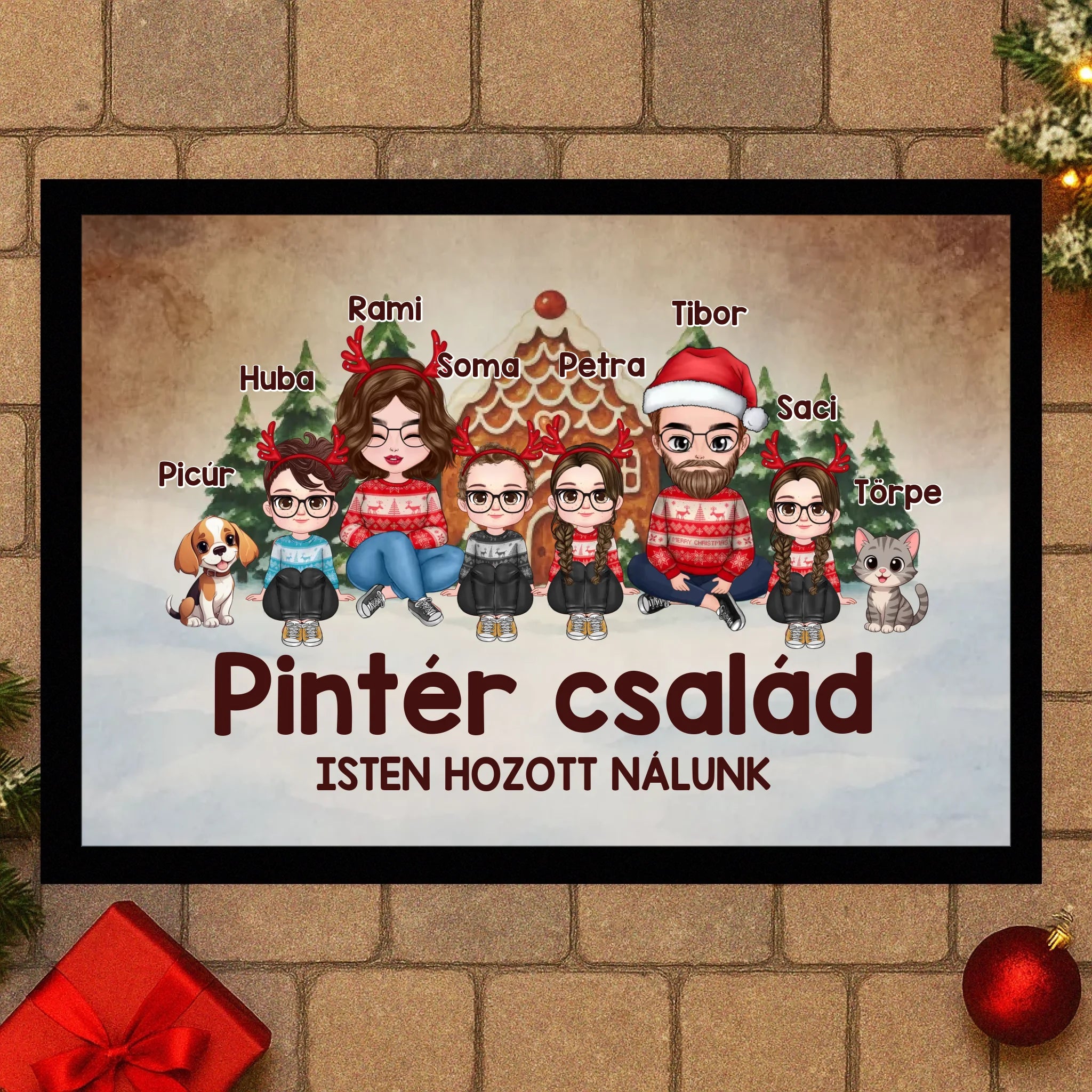 Egyedi karakteres családi karácsonyi lábtörlő 2 kisállattal akár 4 gyerekkel
