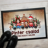 Egyedi karakteres családi karácsonyi lábtörlő 2 kisállattal akár 4 gyerekkel