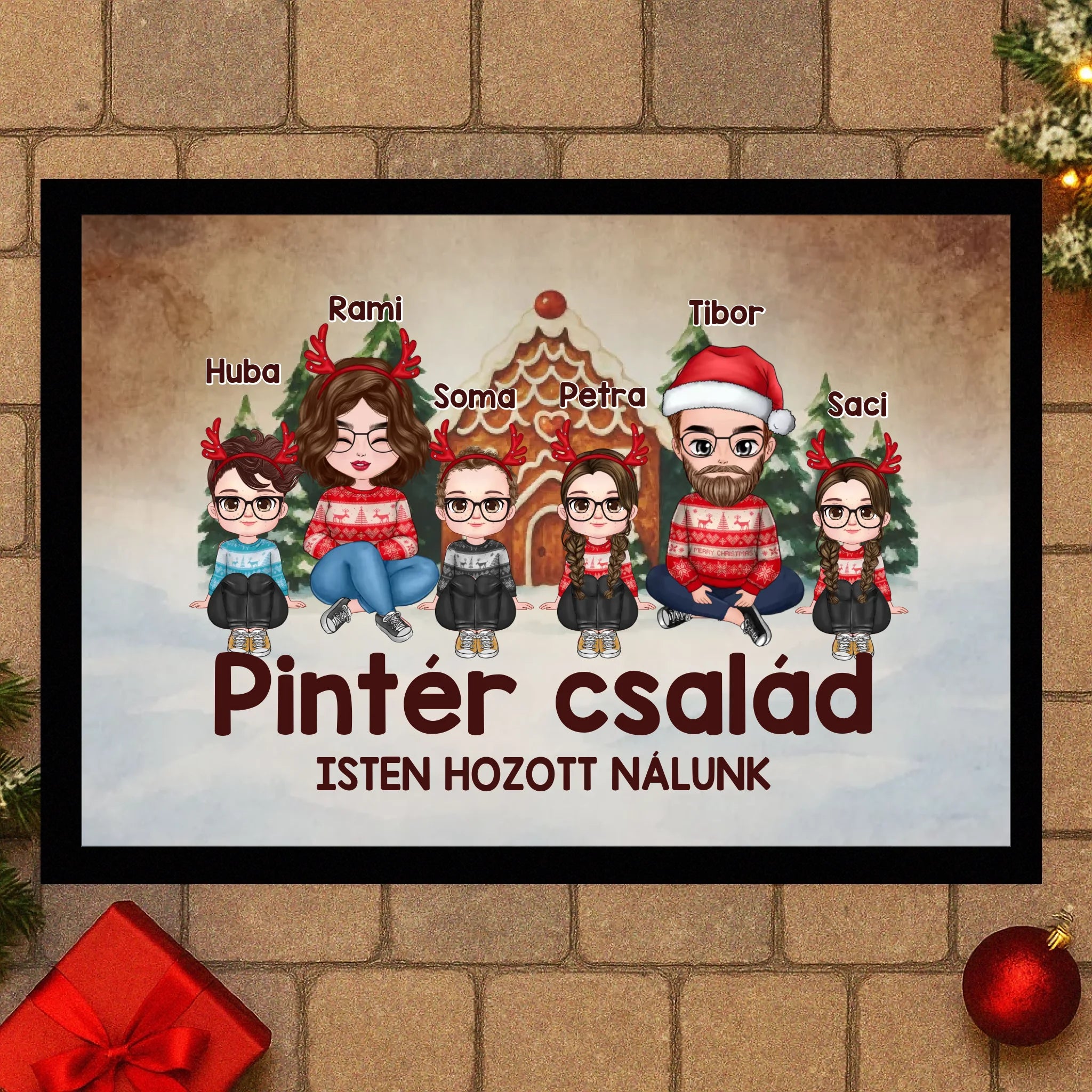 Egyedi karakteres családi karácsonyi lábtörlő akár 4 gyerekkel