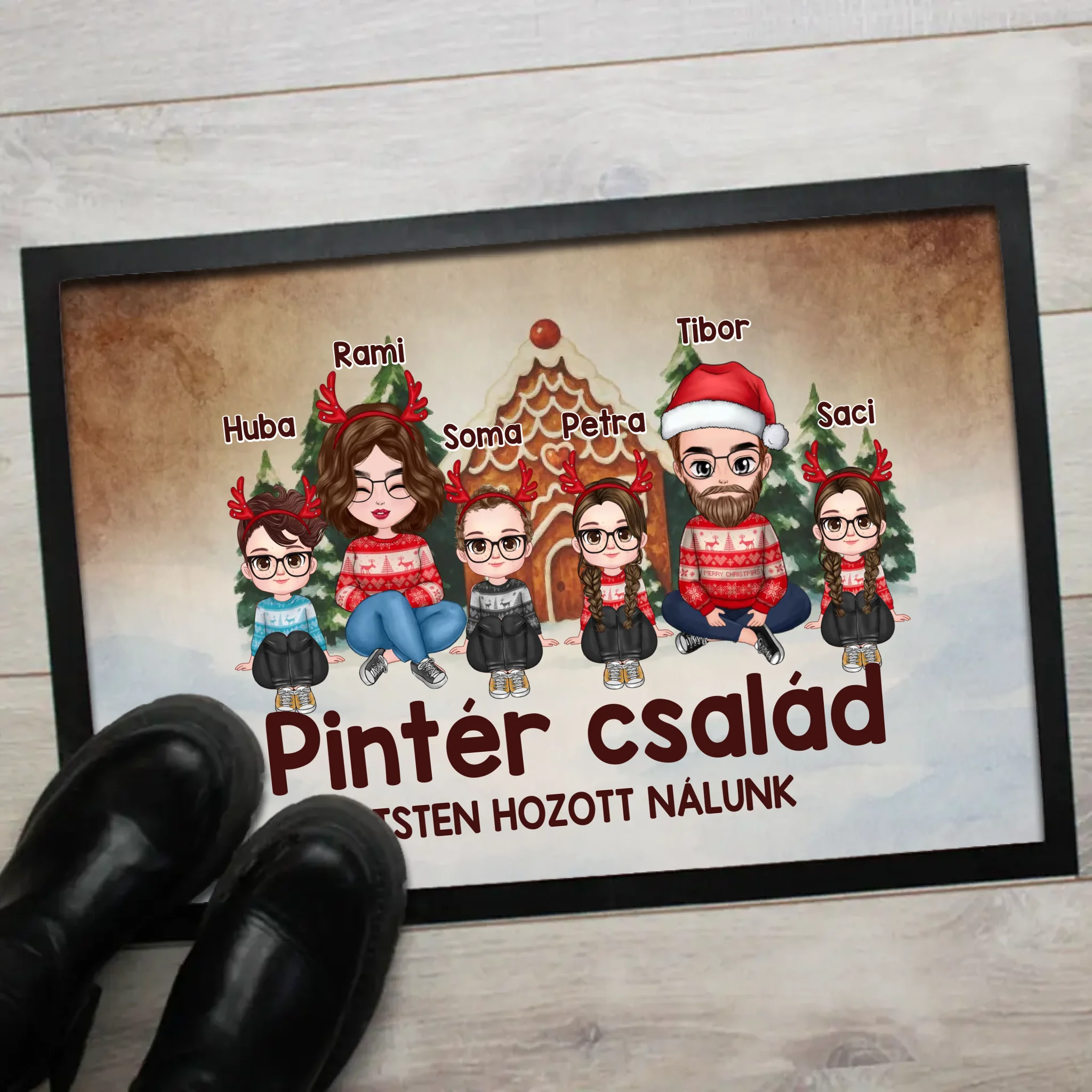 Egyedi karakteres családi karácsonyi lábtörlő akár 4 gyerekkel