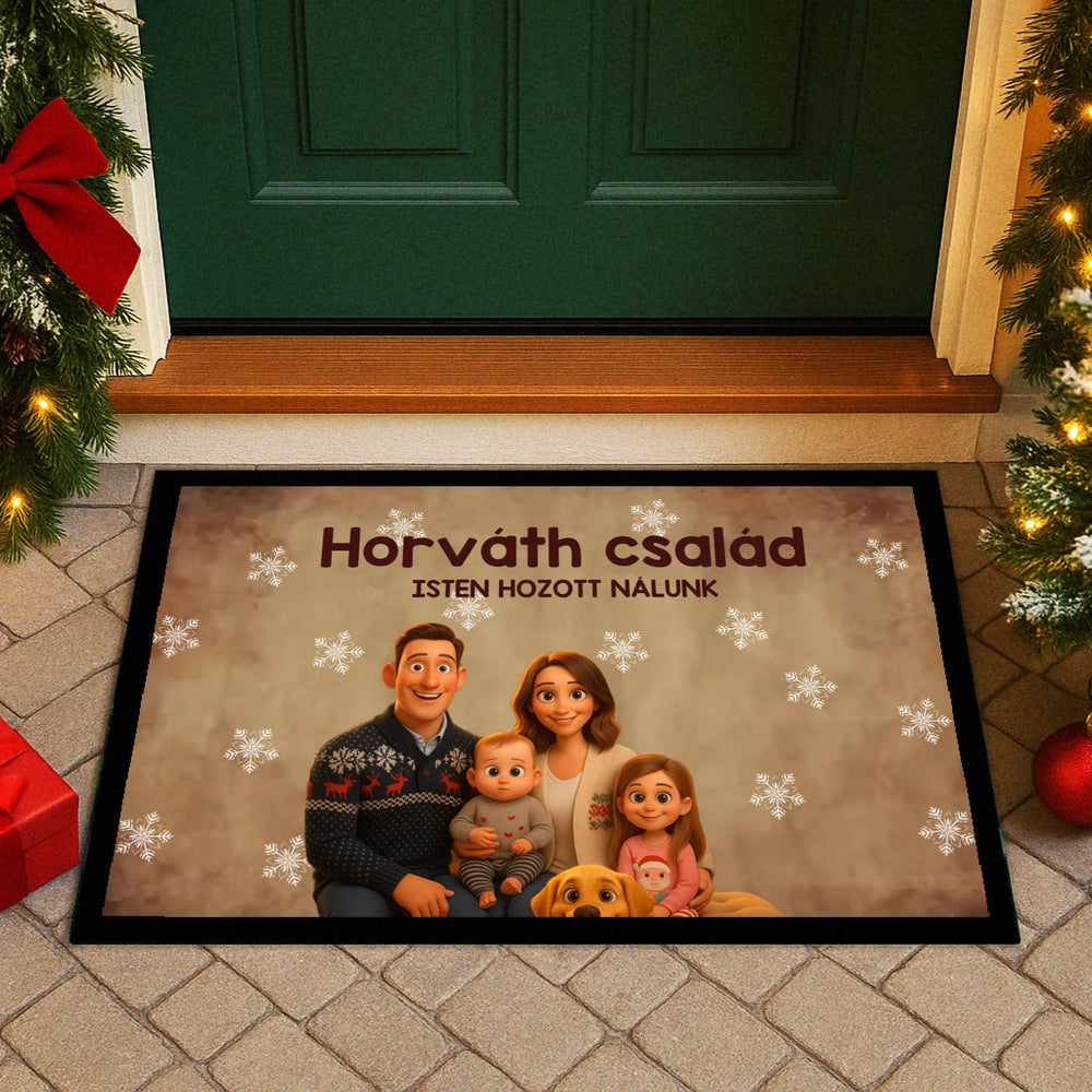 Egyedi családi karácsonyi lábtörlő – fotó alapján készült karakterekkel