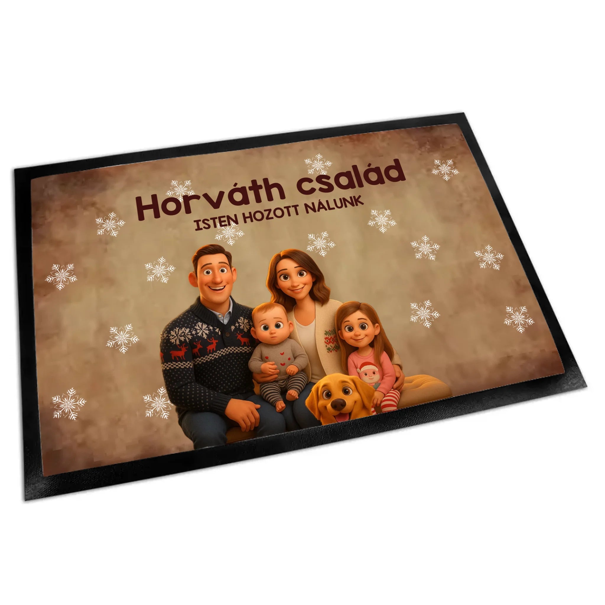 Egyedi családi karácsonyi lábtörlő – fotó alapján készült karakterekkel