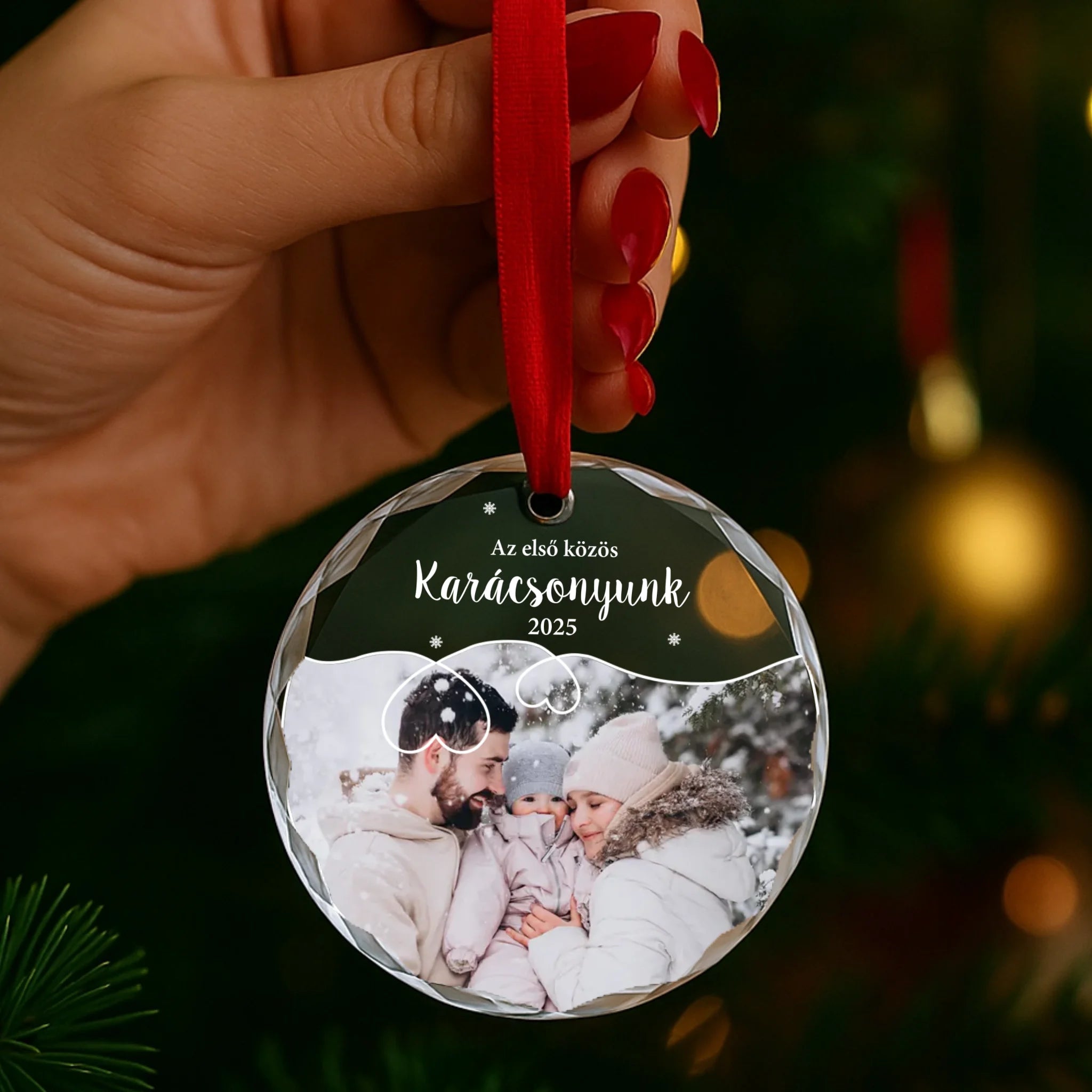 Egyedi karácsonyi ajándék üvegdísz fotóval és felirattal