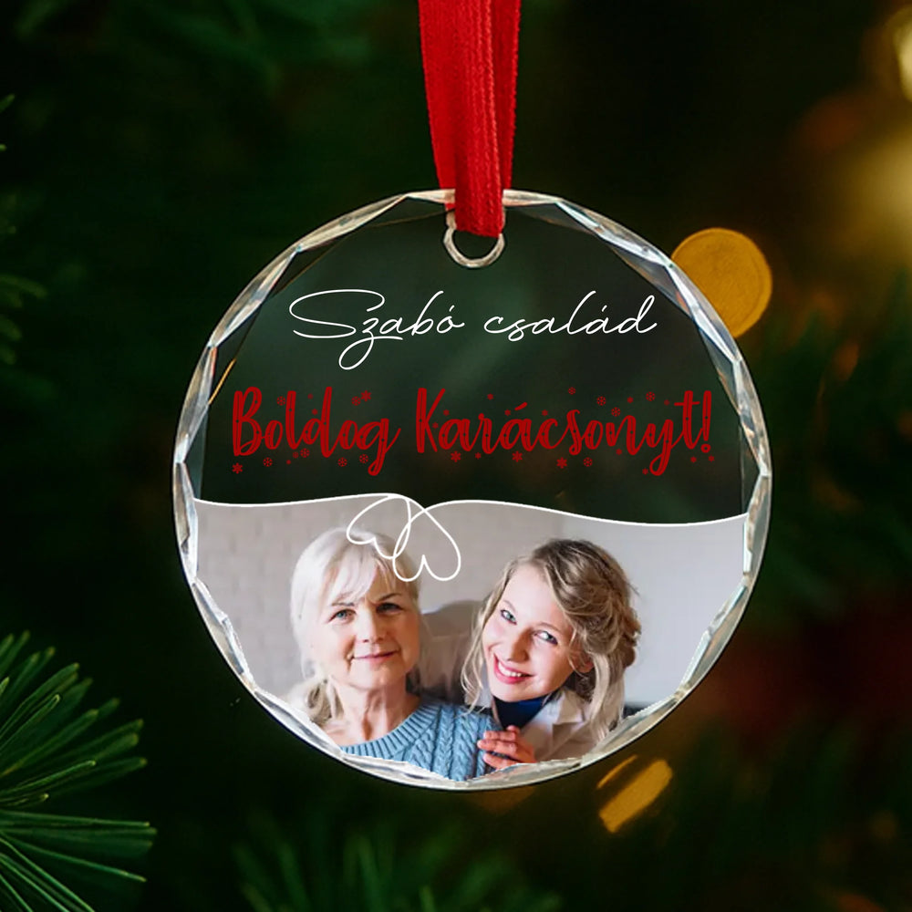 Egyedi képes karácsonyfa üvegdísz szerkeszthető felirattal