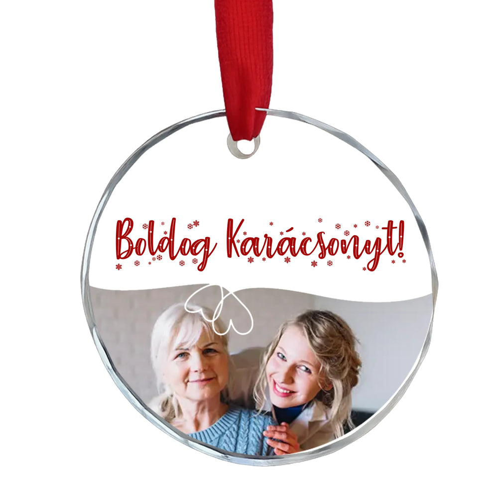 Egyedi képes karácsonyfa üvegdísz szerkeszthető felirattal