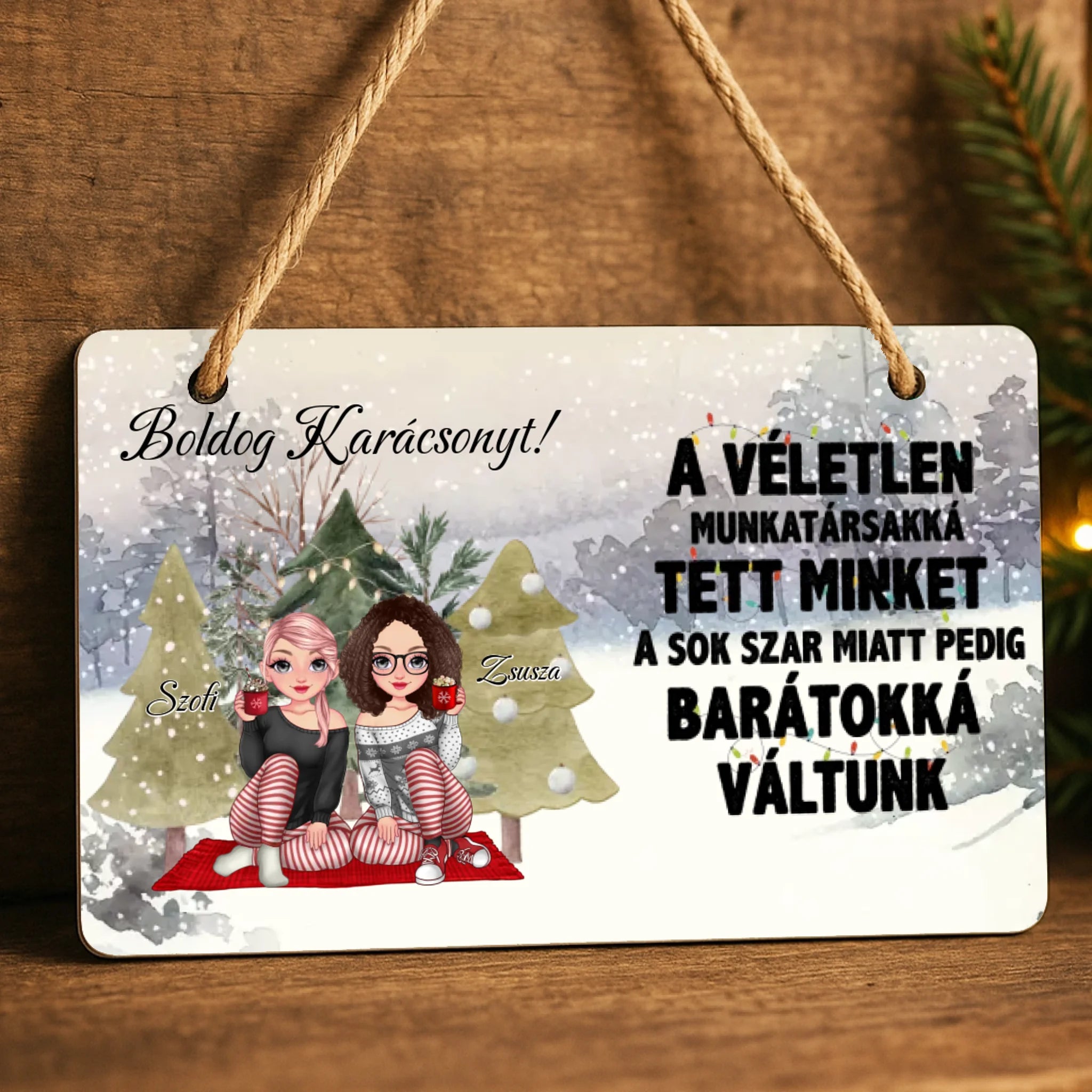 Szerkeszthető karakteres karácsonyi dísztábla munkatársaknak idézettel