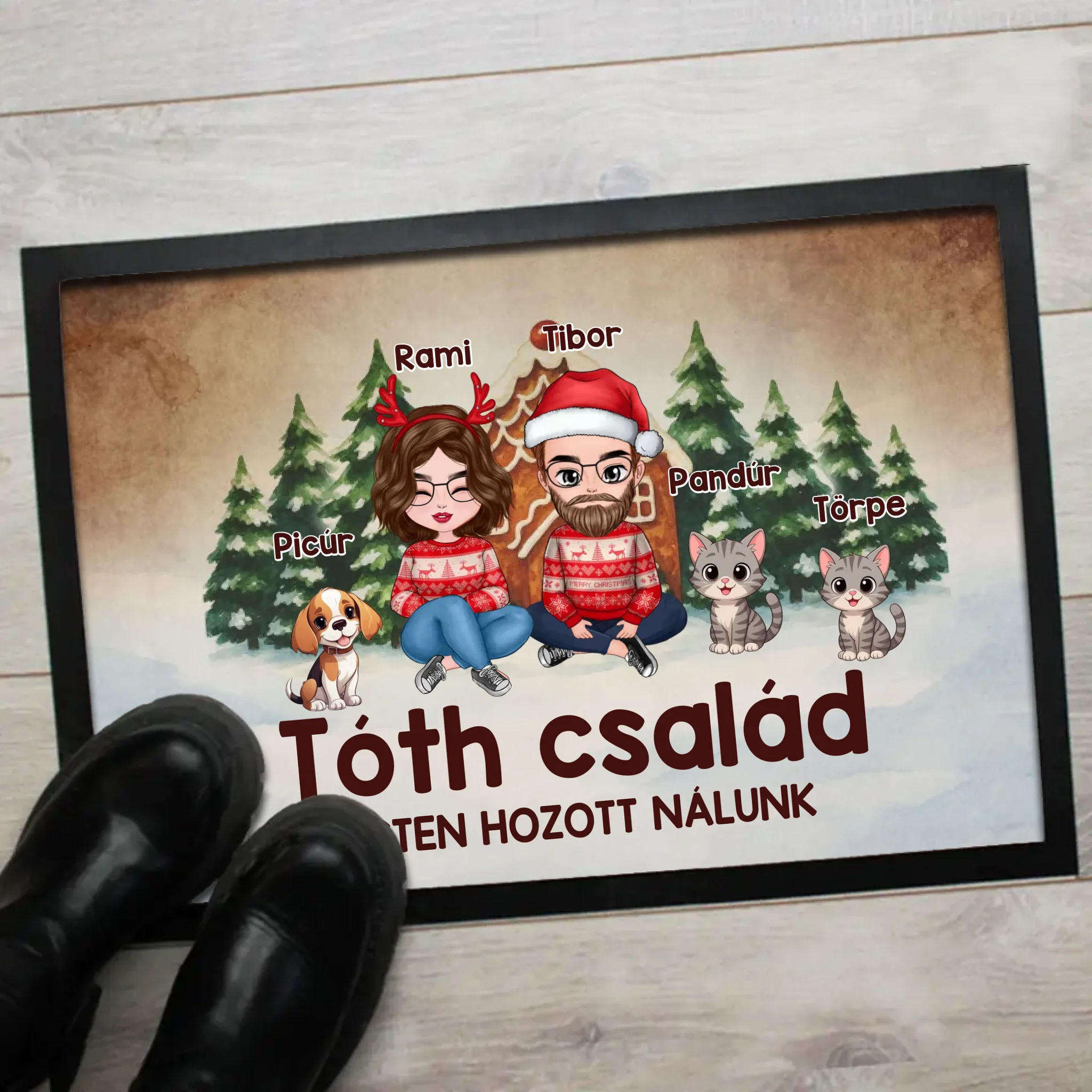 Páros karácsonyi lábtörlő egyedi karakterekkel akár 3 kisállattal