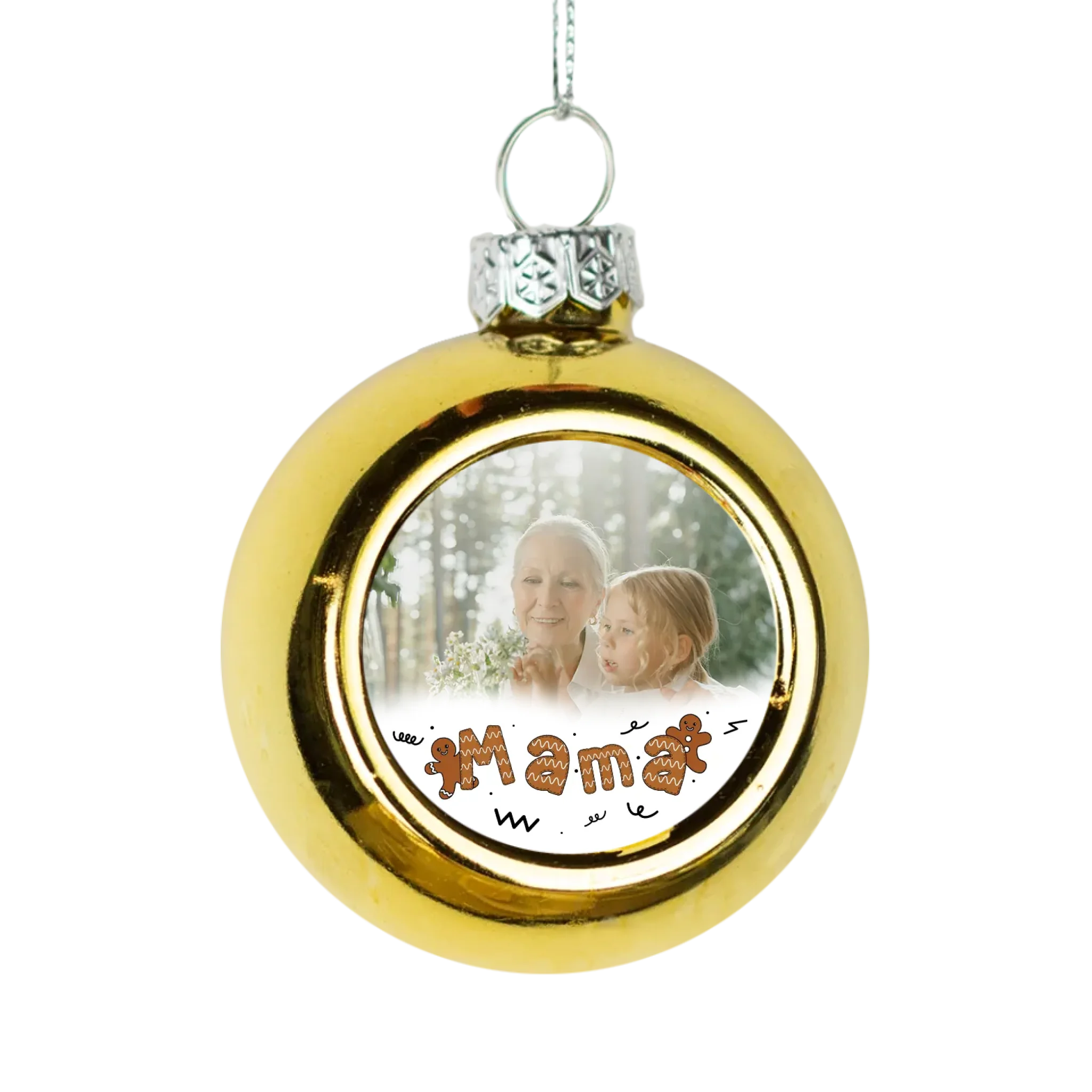 Mézeskalácsos karácsonyi arany gömbdísz egyedi képpel a Mamának