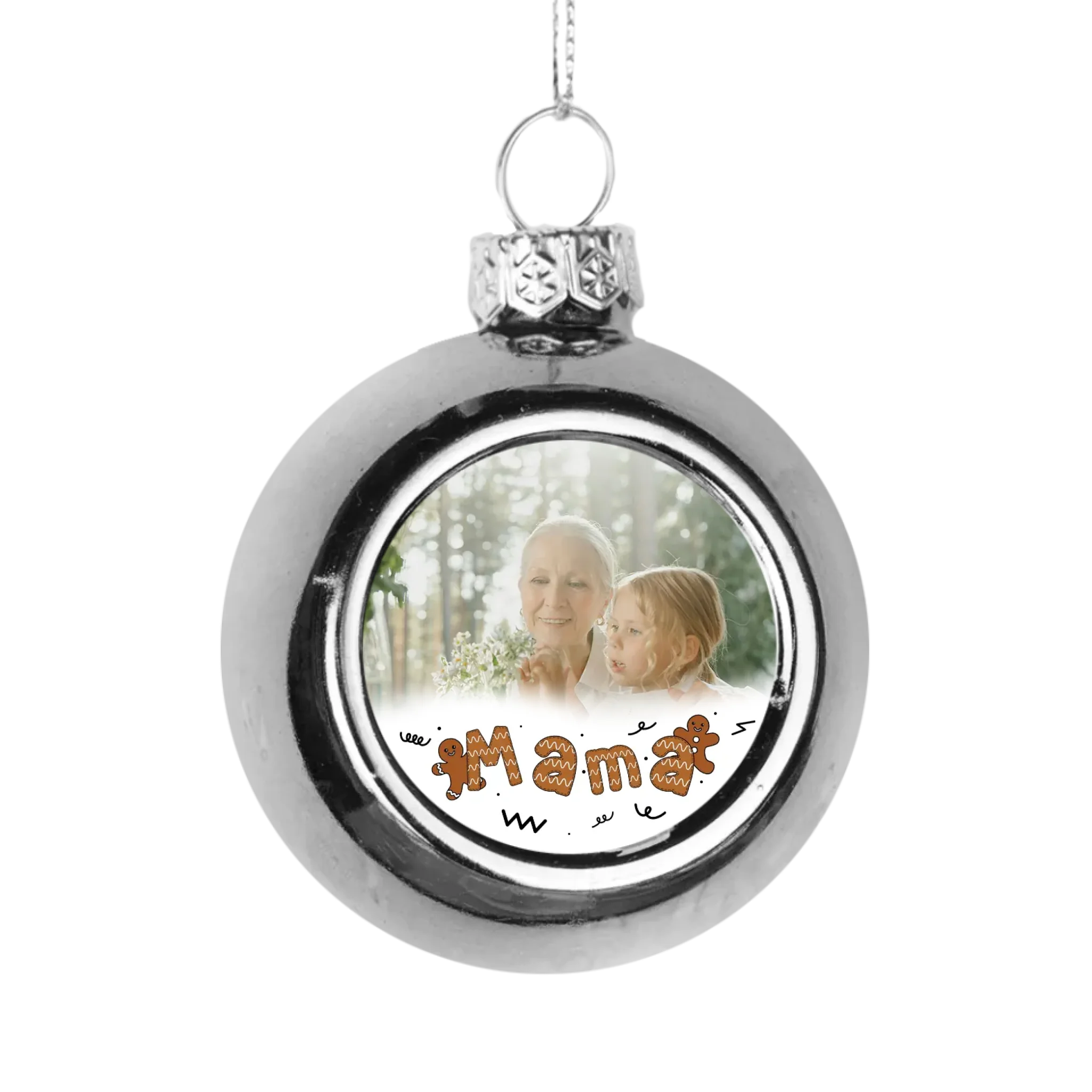 Mézeskalácsos karácsonyi ezüst gömbdísz egyedi képpel a Mamának