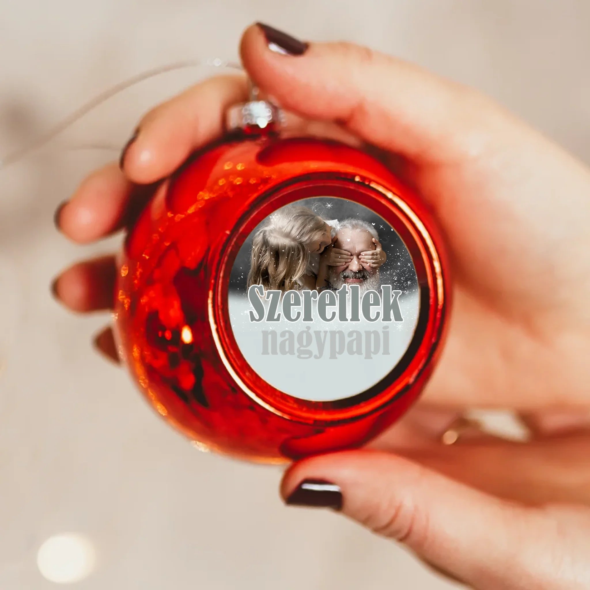 Szeretlek nagypapi piros gömbdísz a ti képetekkel