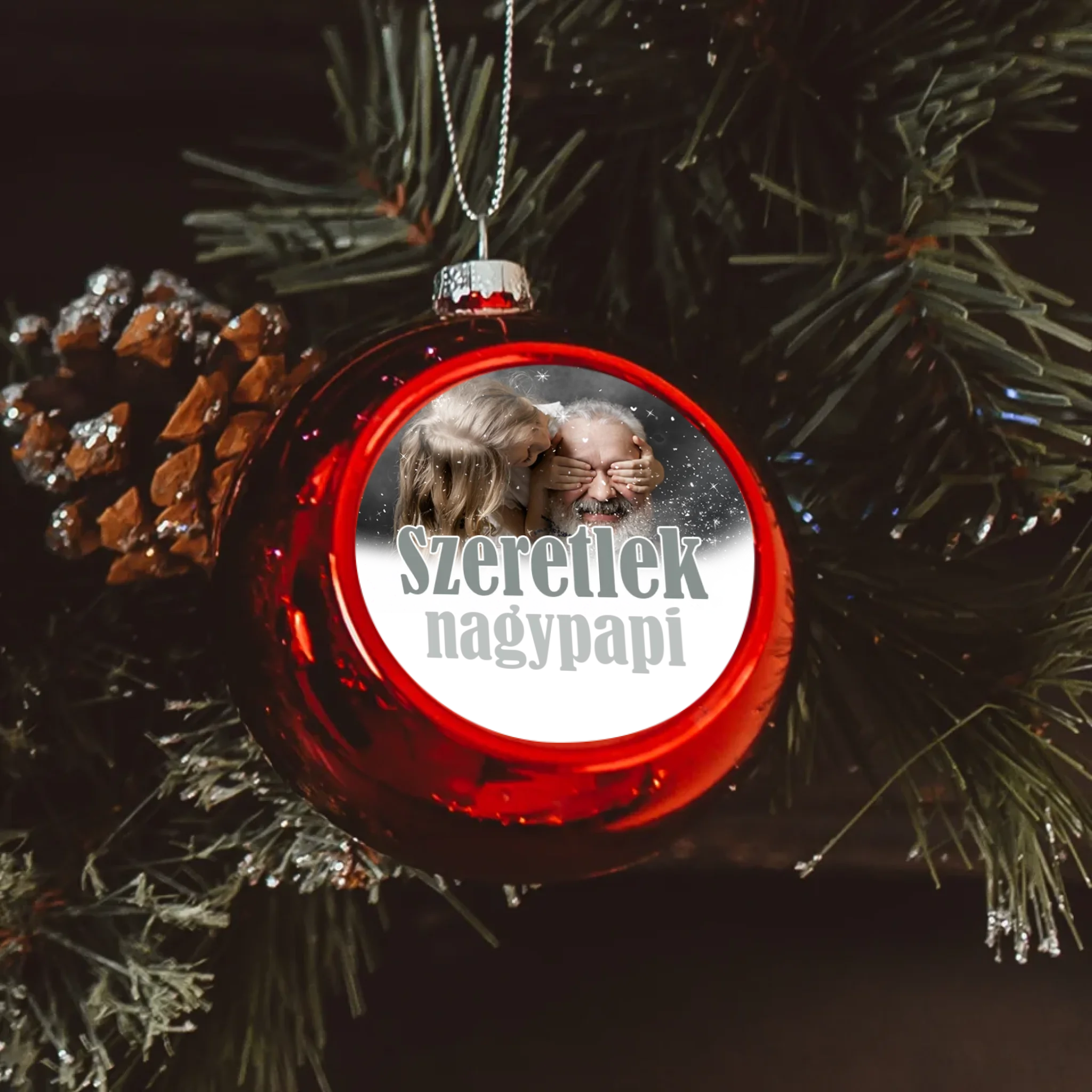 Szeretlek nagypapi piros gömbdísz a ti képetekkel