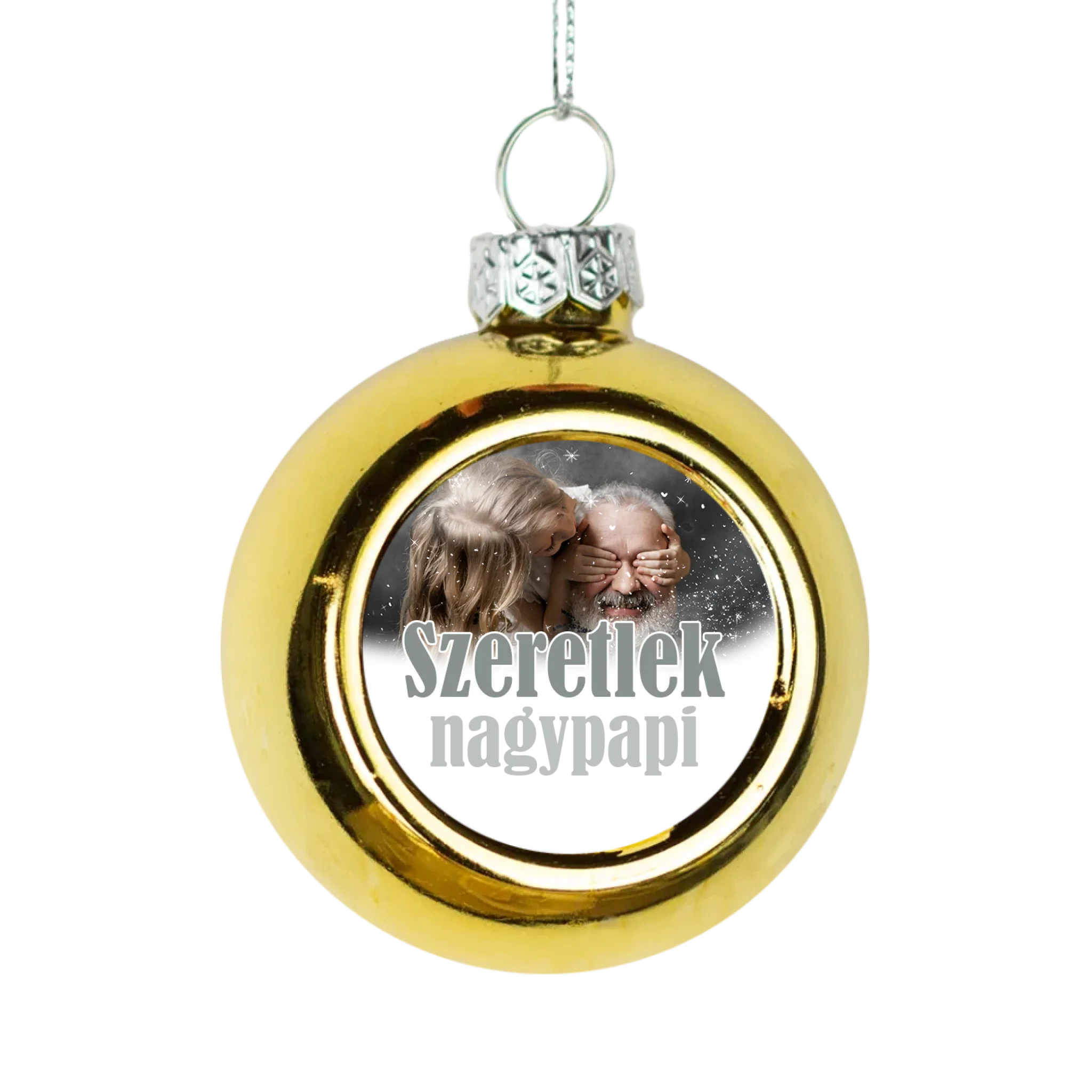 Szeretlek nagypapi arany gömbdísz a ti képetekkel