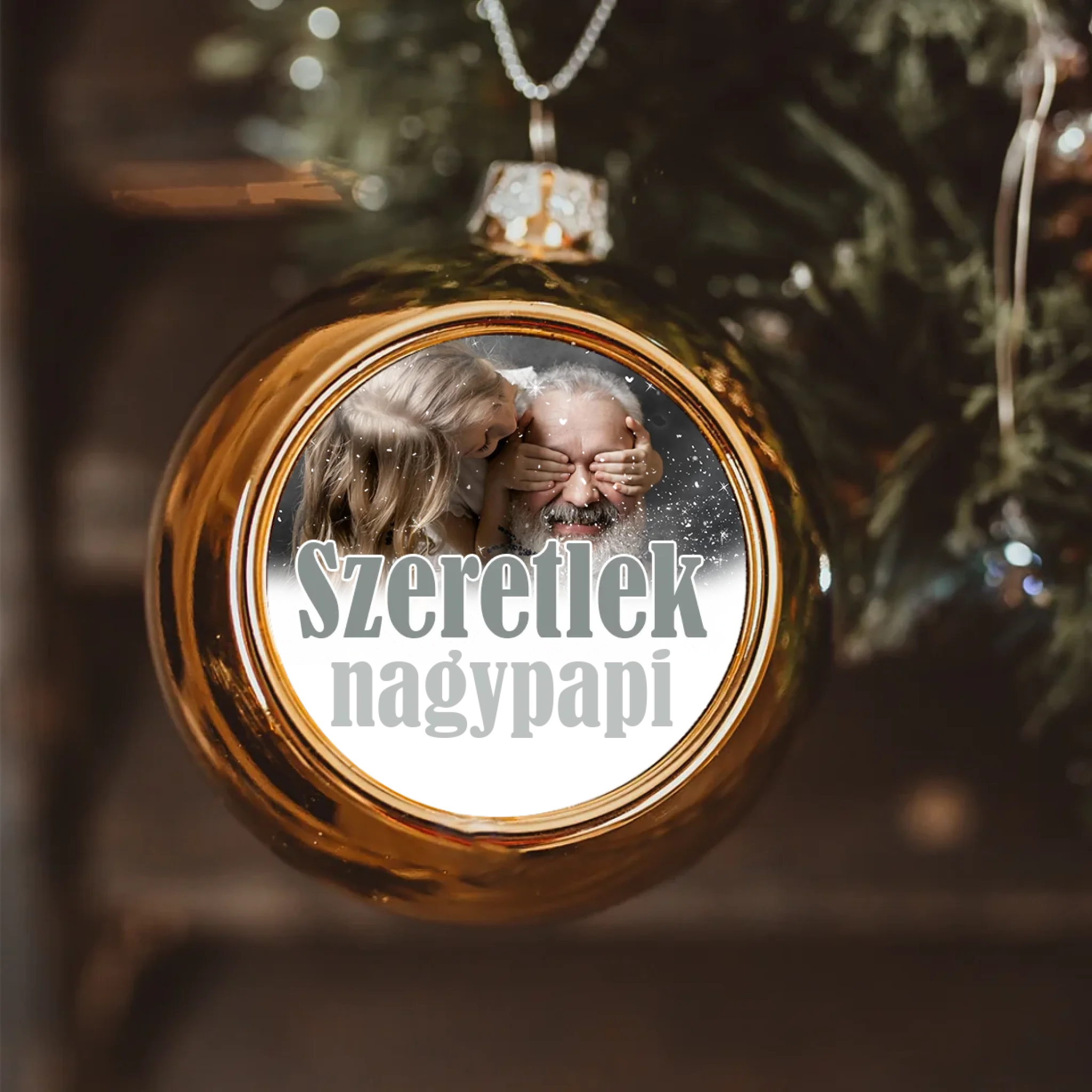 Szeretlek nagypapi arany gömbdísz a ti képetekkel