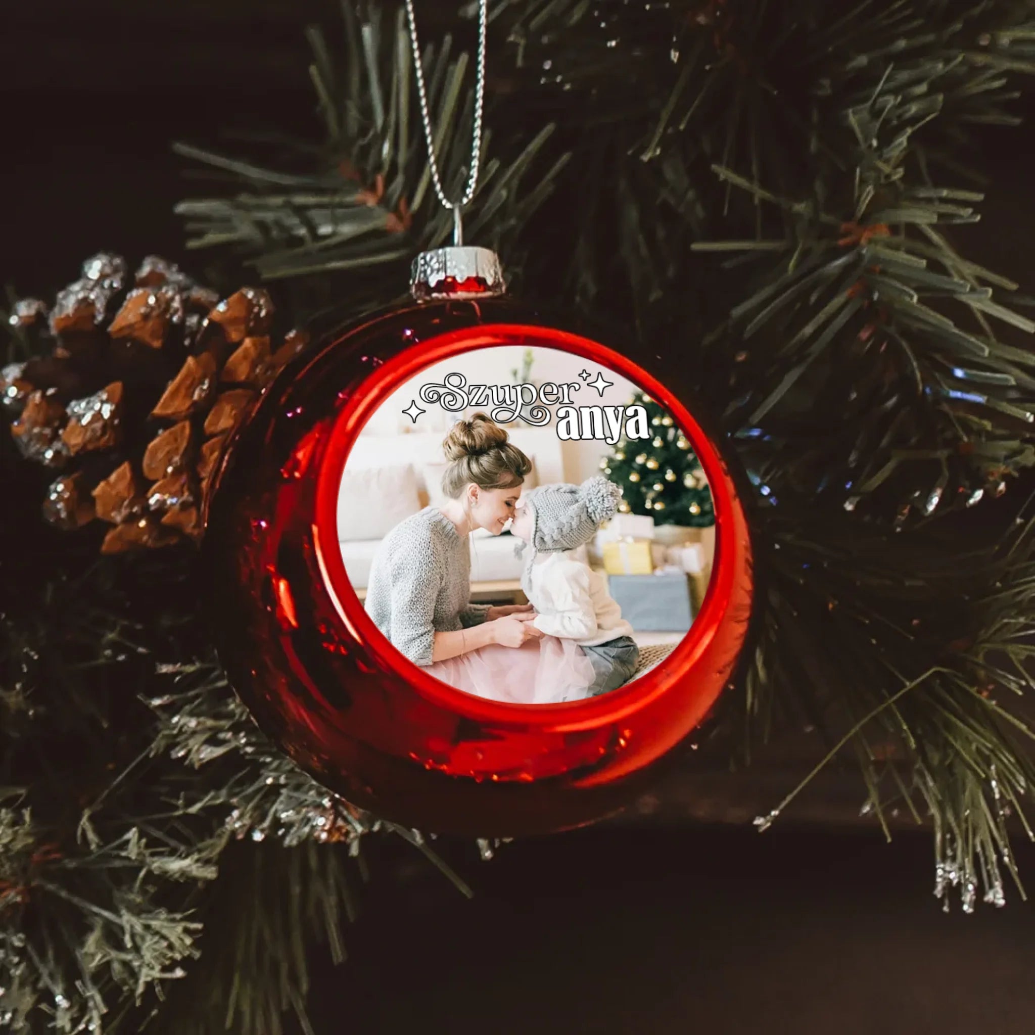 Szuper anya egyedi képes piros gömbdísz