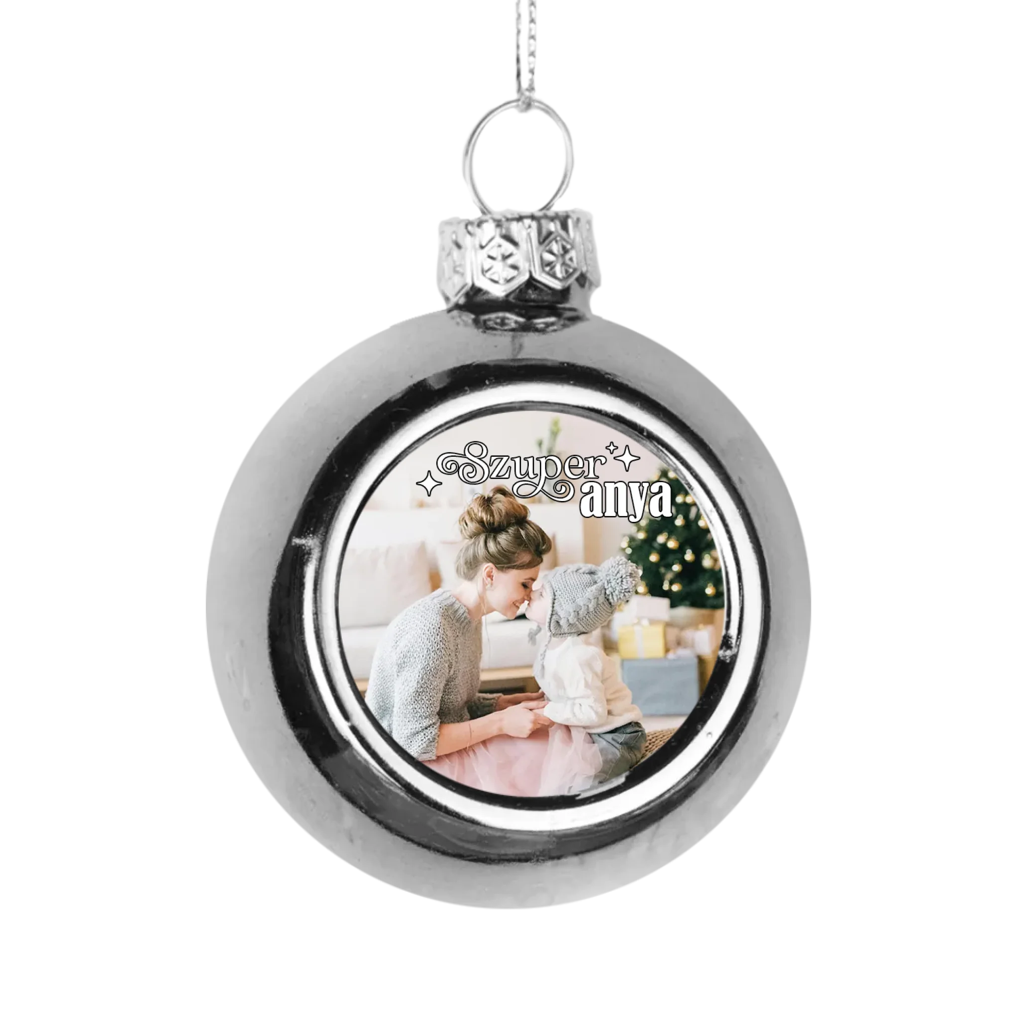 Szuper anya egyedi képes ezüst gömbdísz