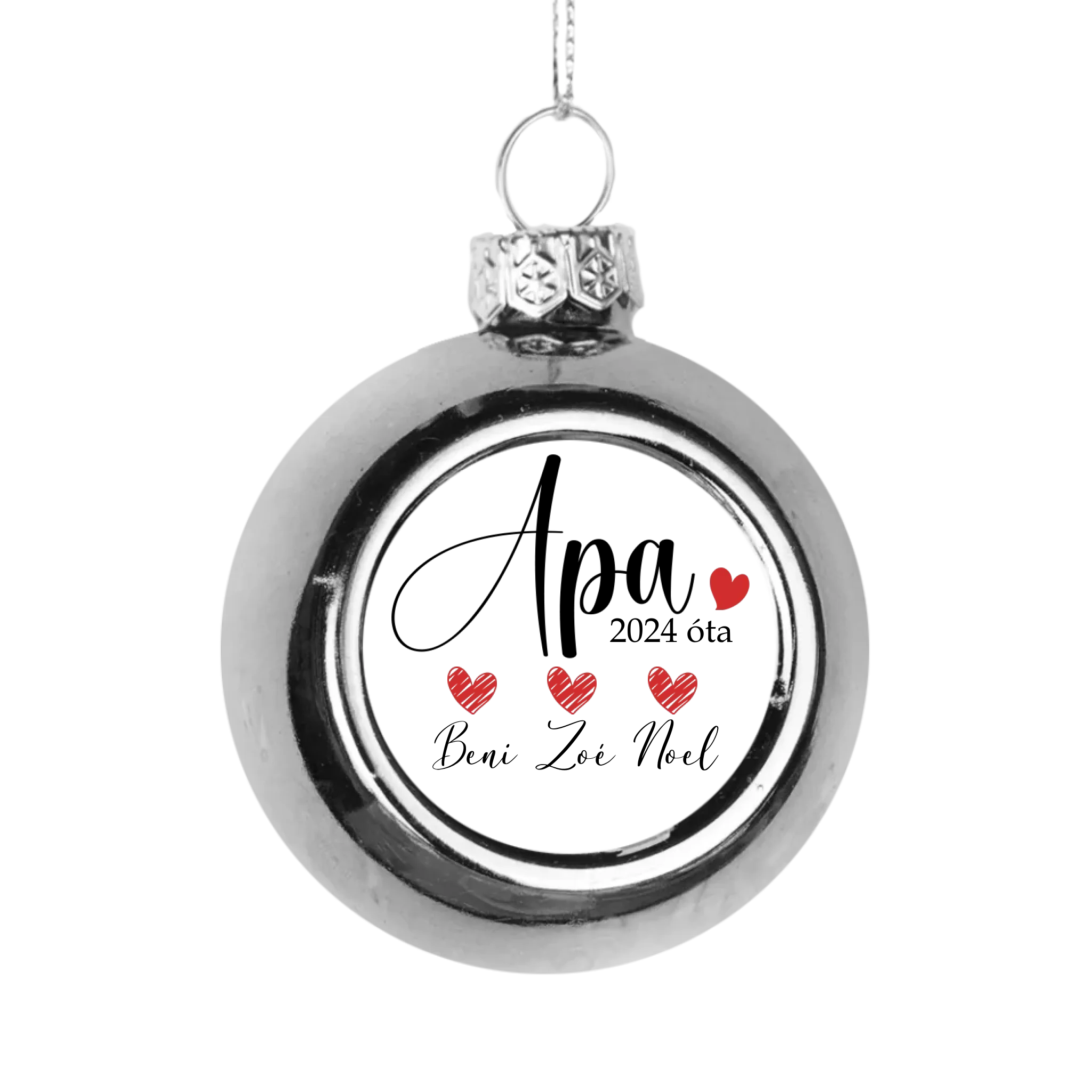 Letisztult apás ezüst gömbdísz a gyerekek neveivel