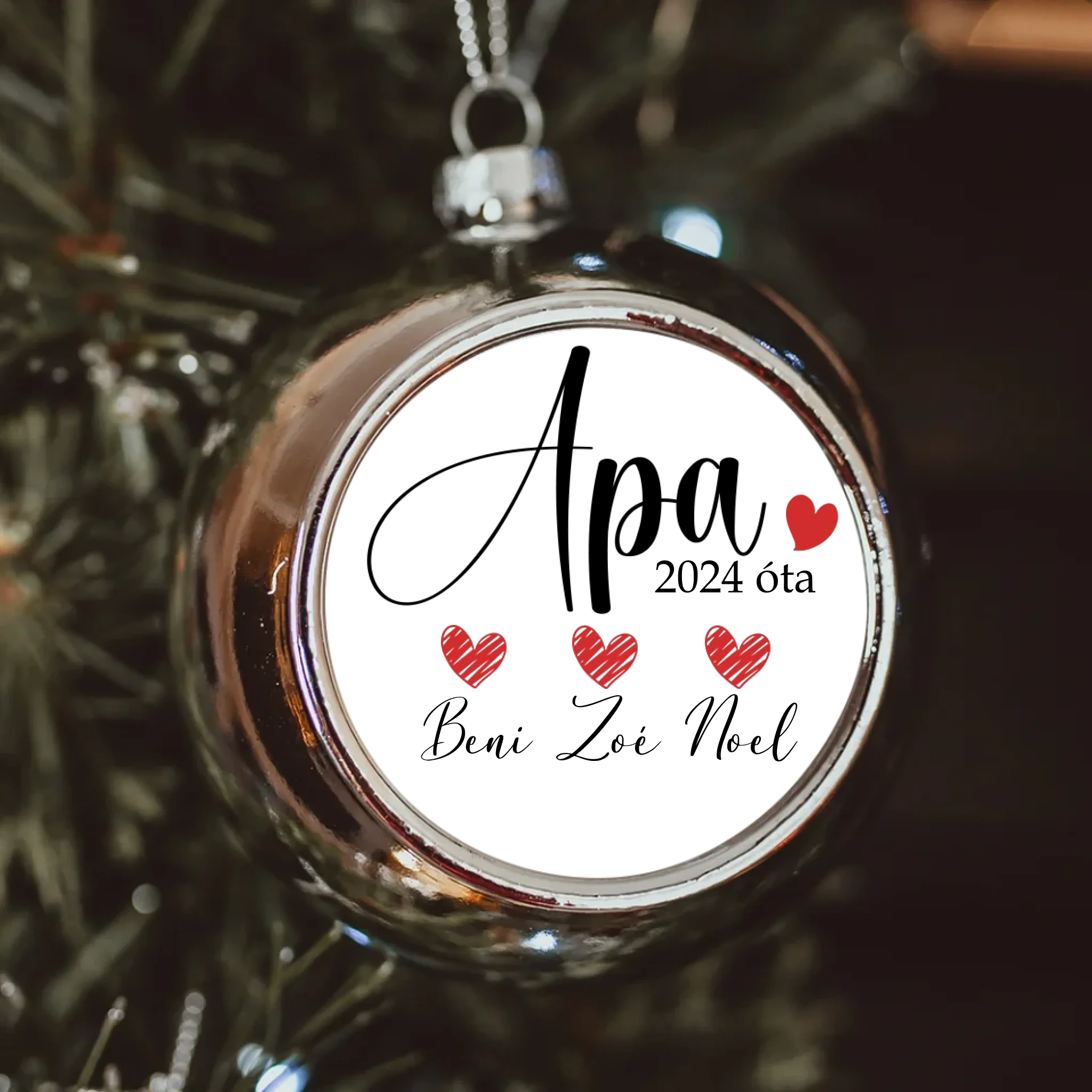 Letisztult apás ezüst gömbdísz a gyerekek neveivel