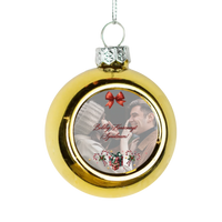 Karácsonyi arany gömbdísz saját fényképpel és szívhez szóló üzenettel