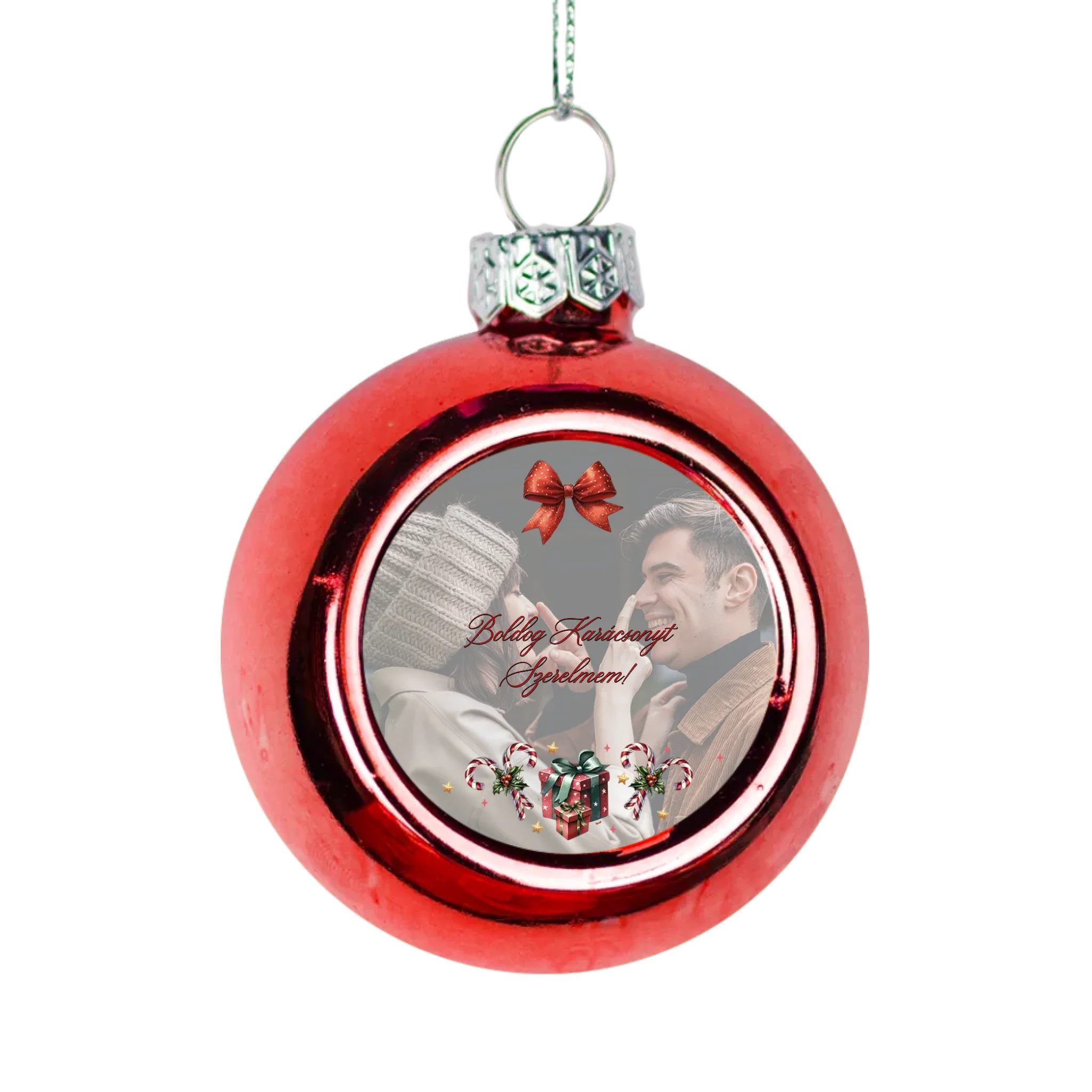 Karácsonyi piros gömbdísz saját fényképpel és szívhez szóló üzenettel