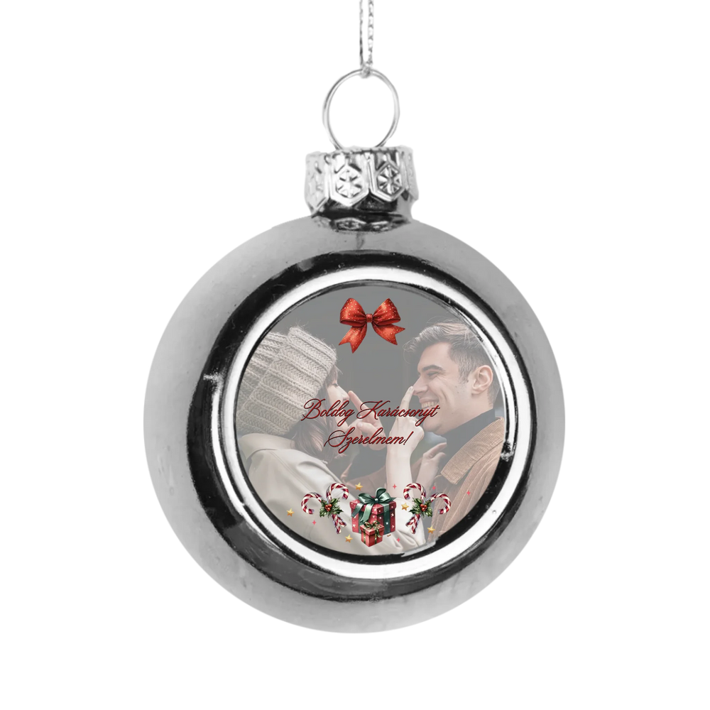 Karácsonyi ezüst gömbdísz saját fényképpel és szívhez szóló üzenettel