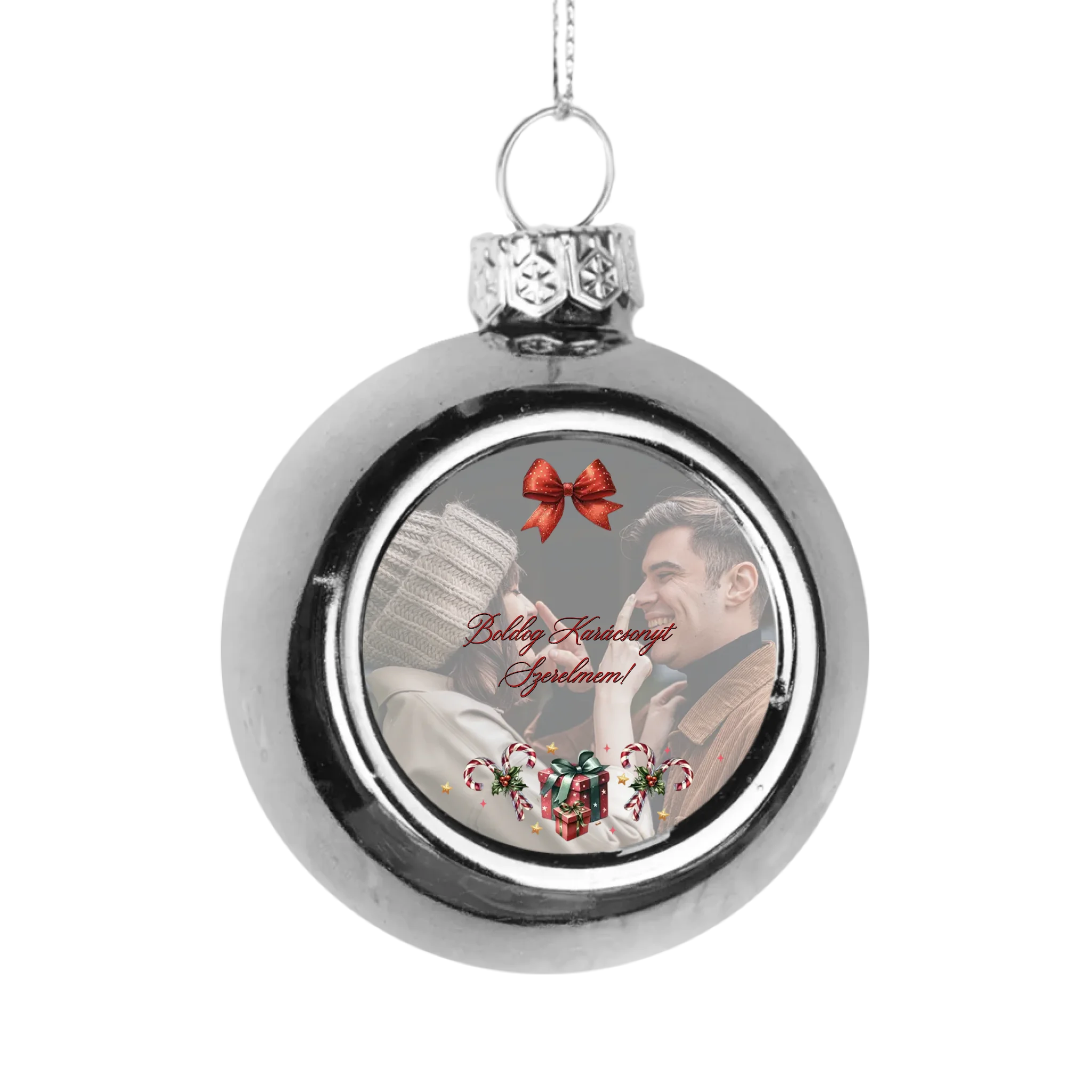 Karácsonyi ezüst gömbdísz saját fényképpel és szívhez szóló üzenettel
