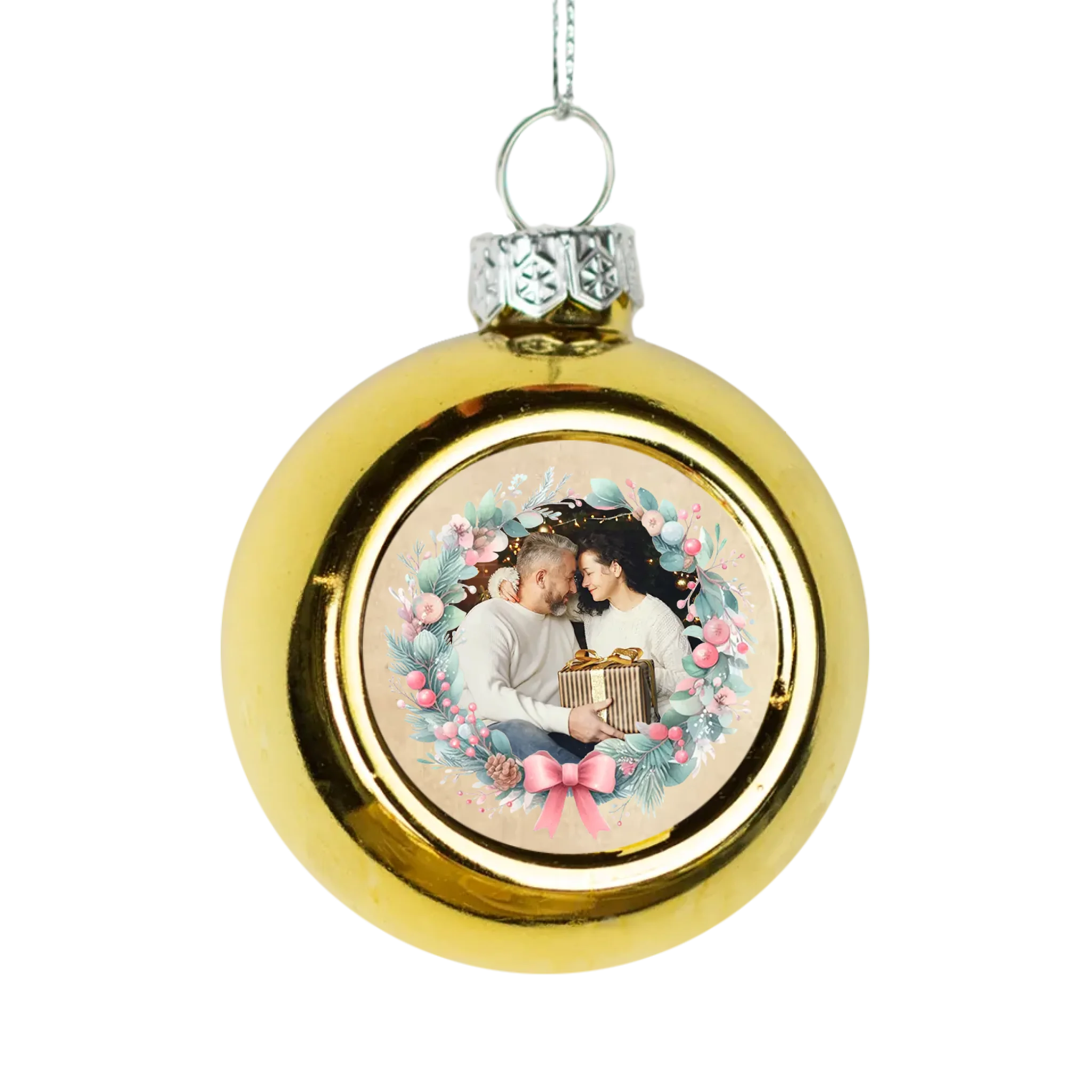 Karácsonyi arany gömbdísz ünnepi koszorúval és saját fényképpel