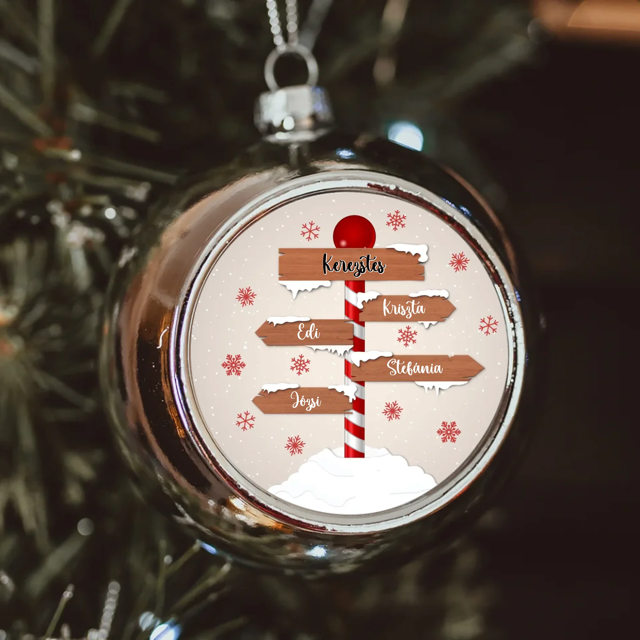 Útmutató karácsonyi ezüst gömbdísz az egész család nevével