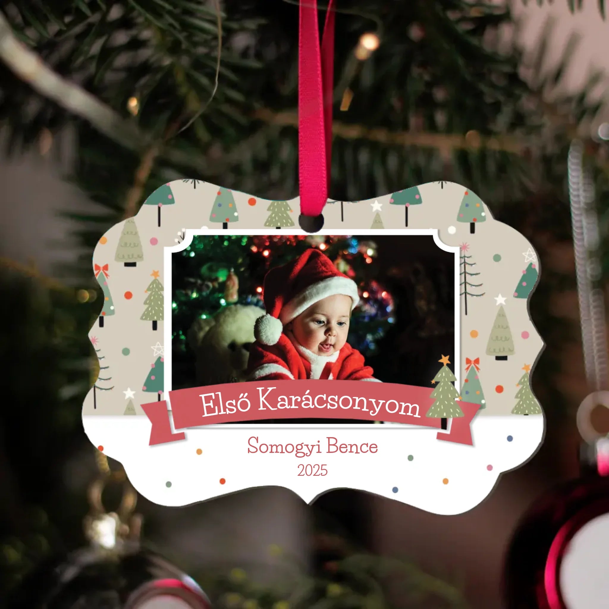 Hosszúkás karácsonyfadísz karácsonyi mintával - saját fotóval és felirattal