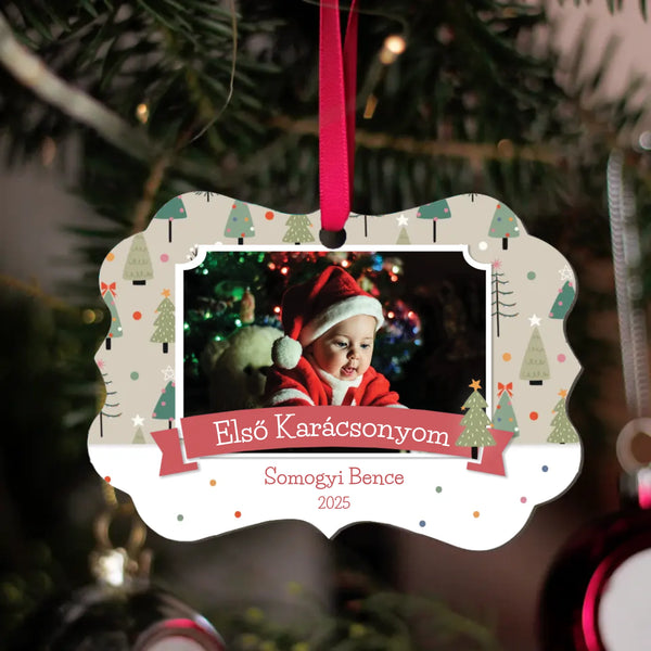 Hosszúkás karácsonyfadísz karácsonyi mintával - saját fotóval és felirattal