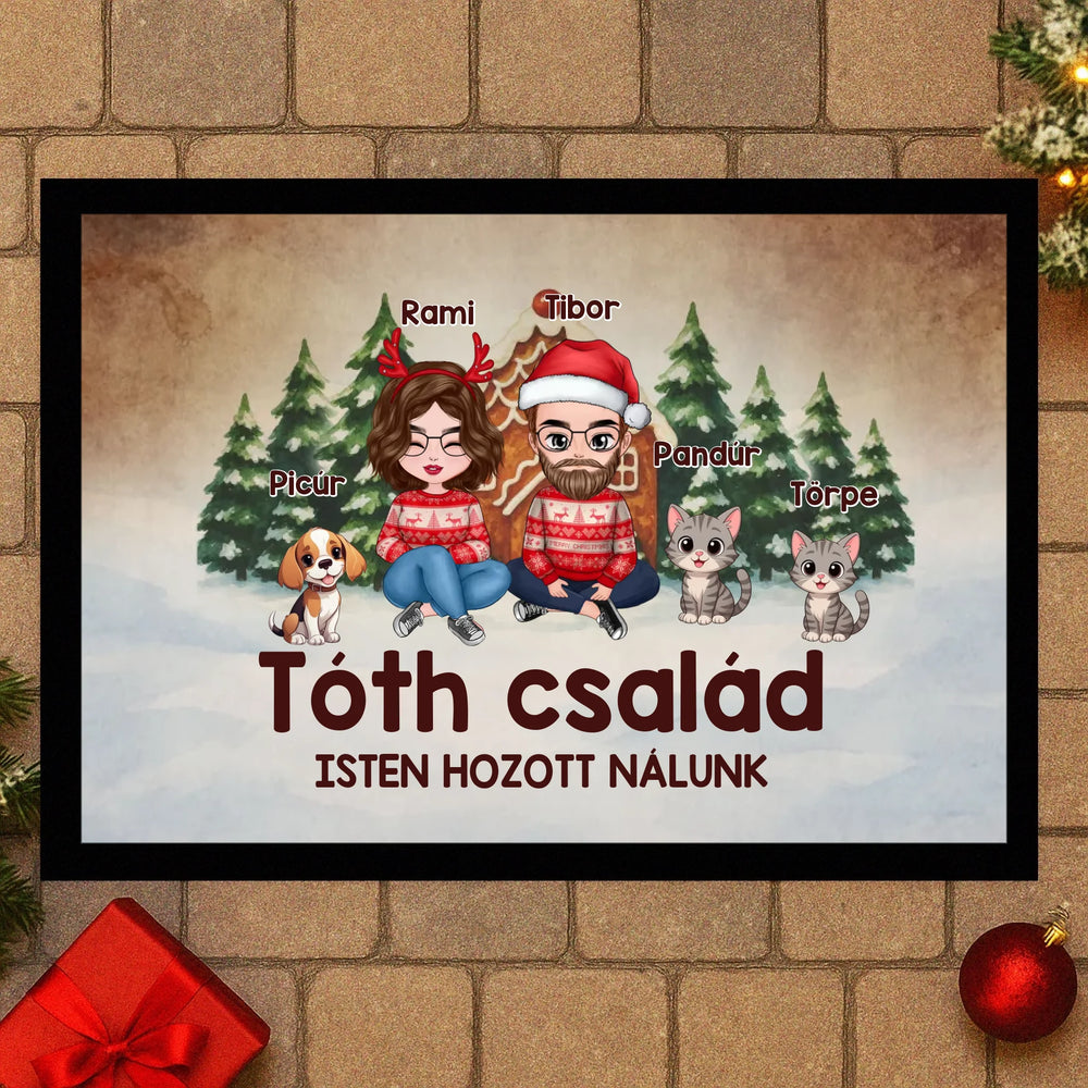 Páros karácsonyi lábtörlő egyedi karakterekkel akár 4 kisállattal