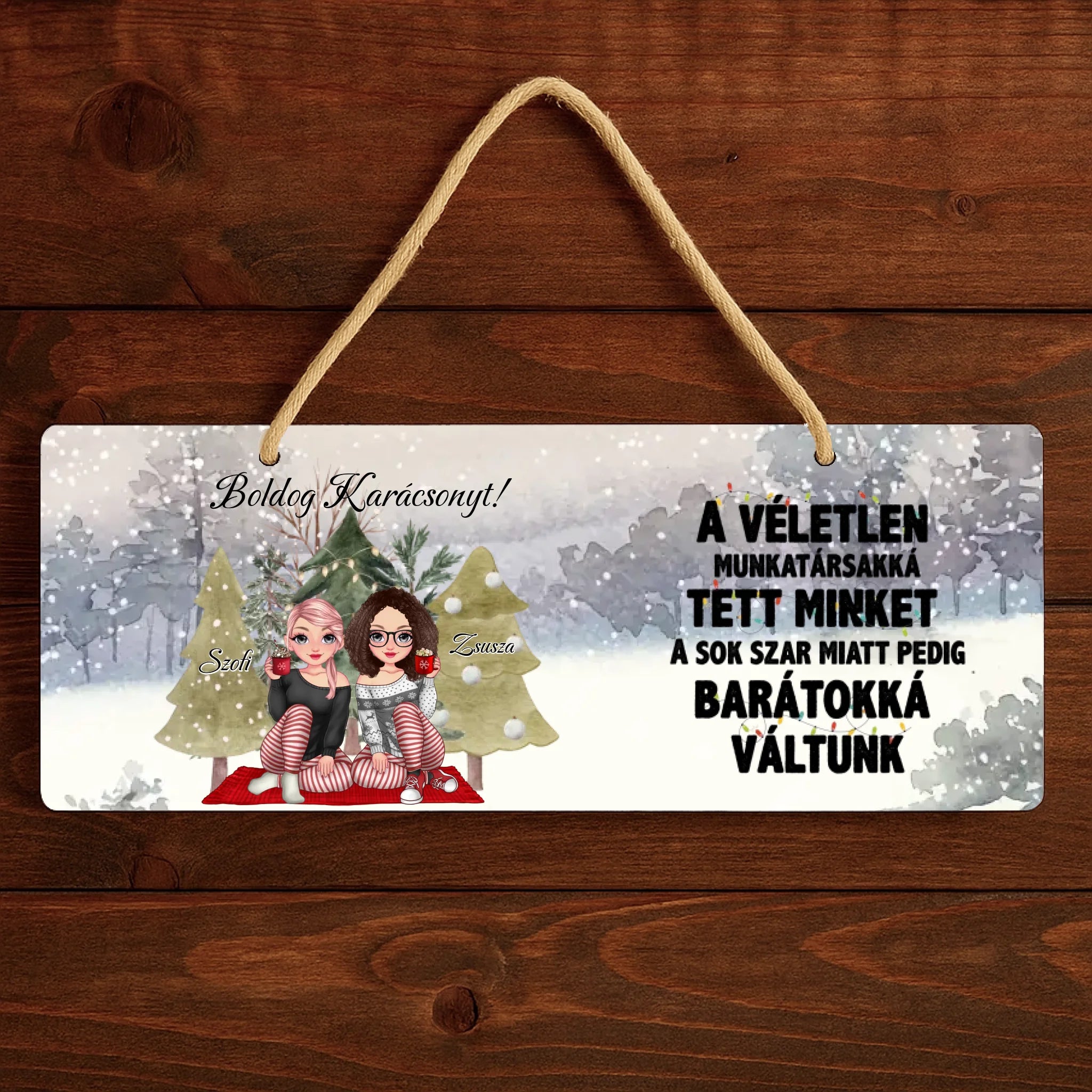 Szerkeszthető karakteres karácsonyi dísztábla munkatársaknak idézettel