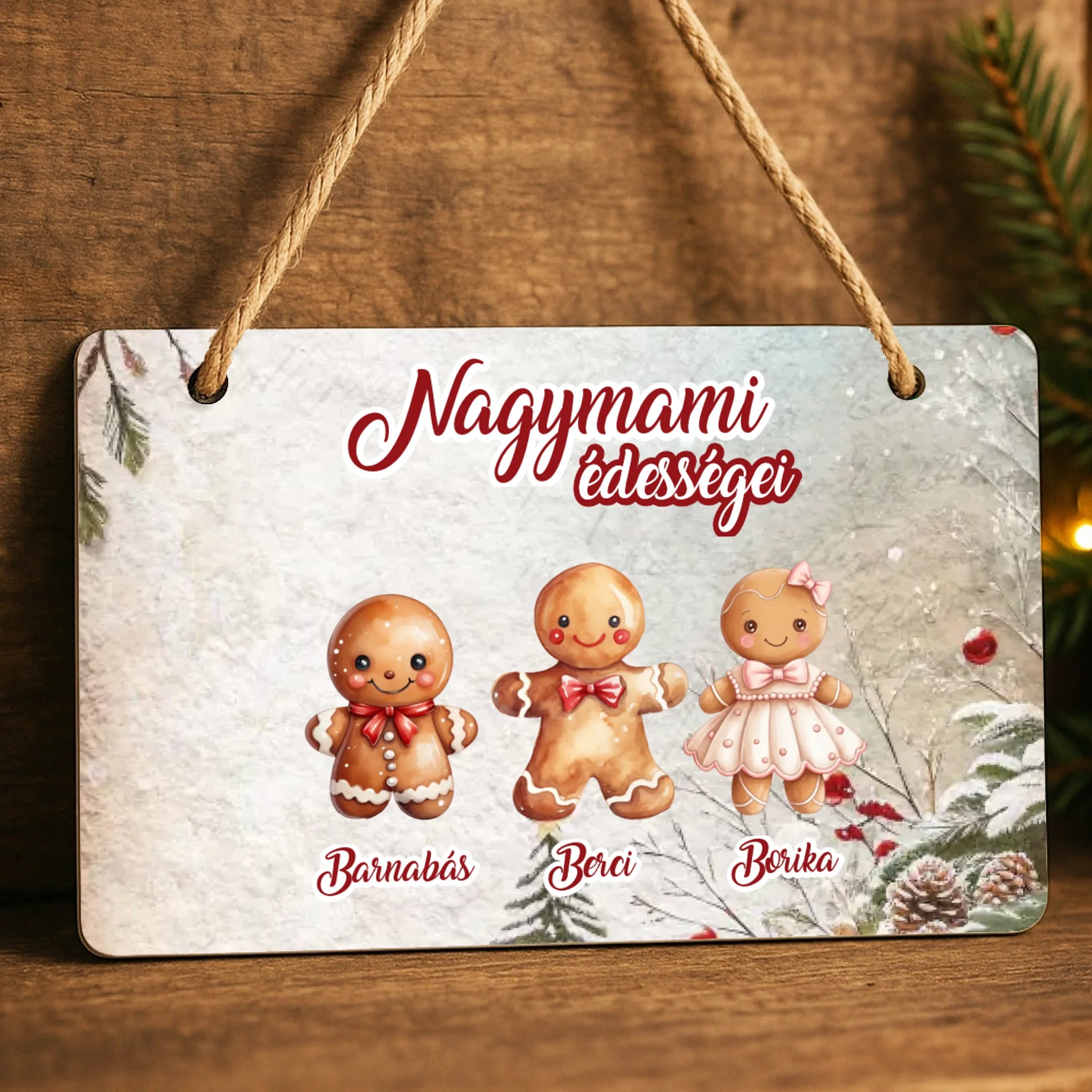 Karácsonyi ajándék dísztábla nagymamáknak választható mézeskalács figurákkal