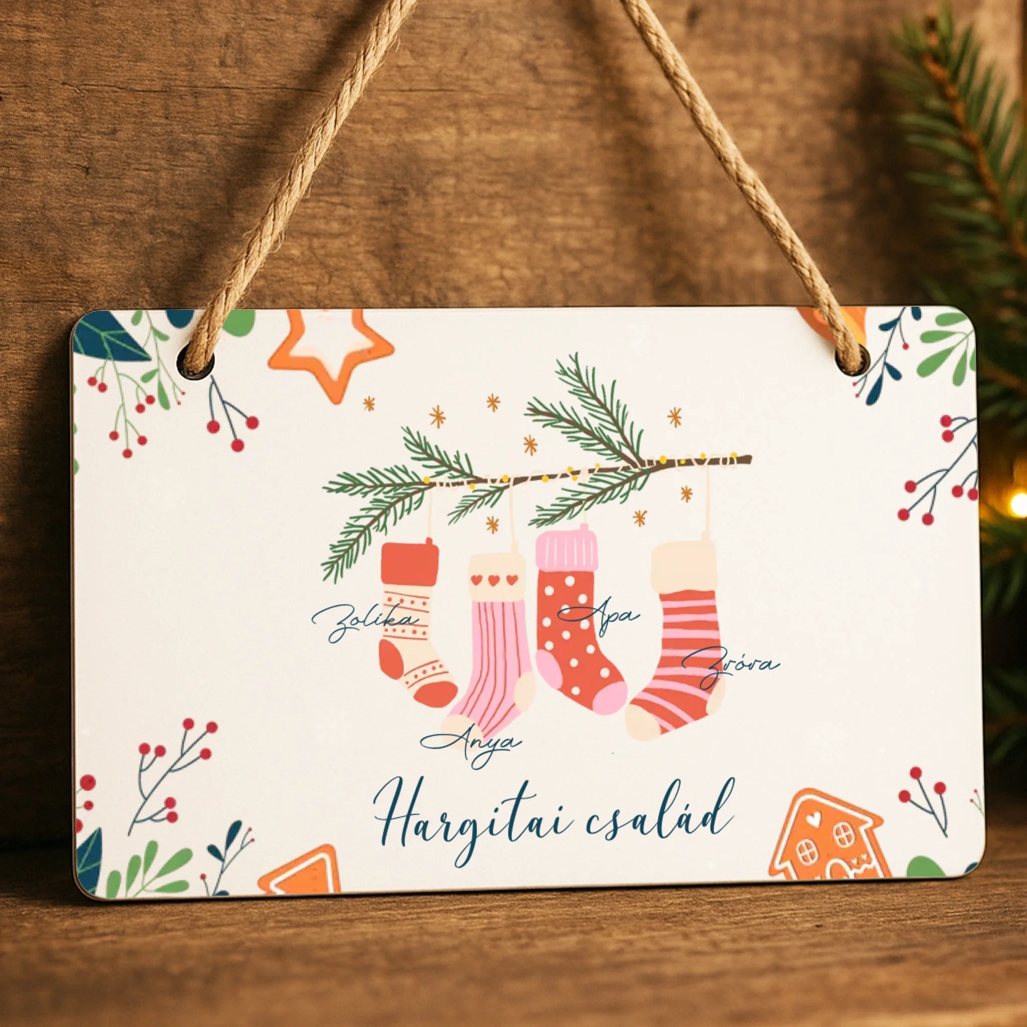 Karácsonyi csizmás ajándék dísztábla a családnak egyedi nevekkel