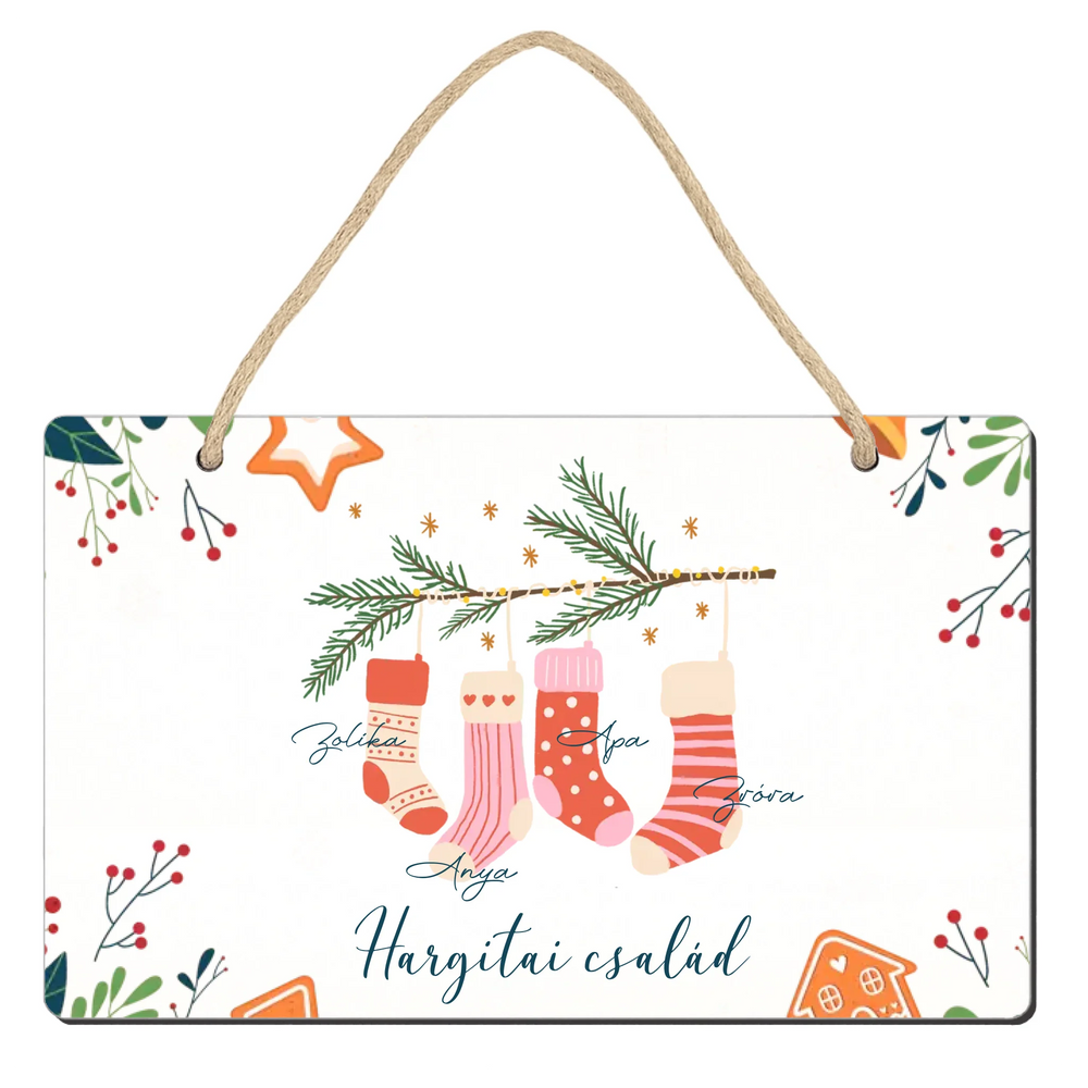 Karácsonyi csizmás ajándék dísztábla a családnak egyedi nevekkel